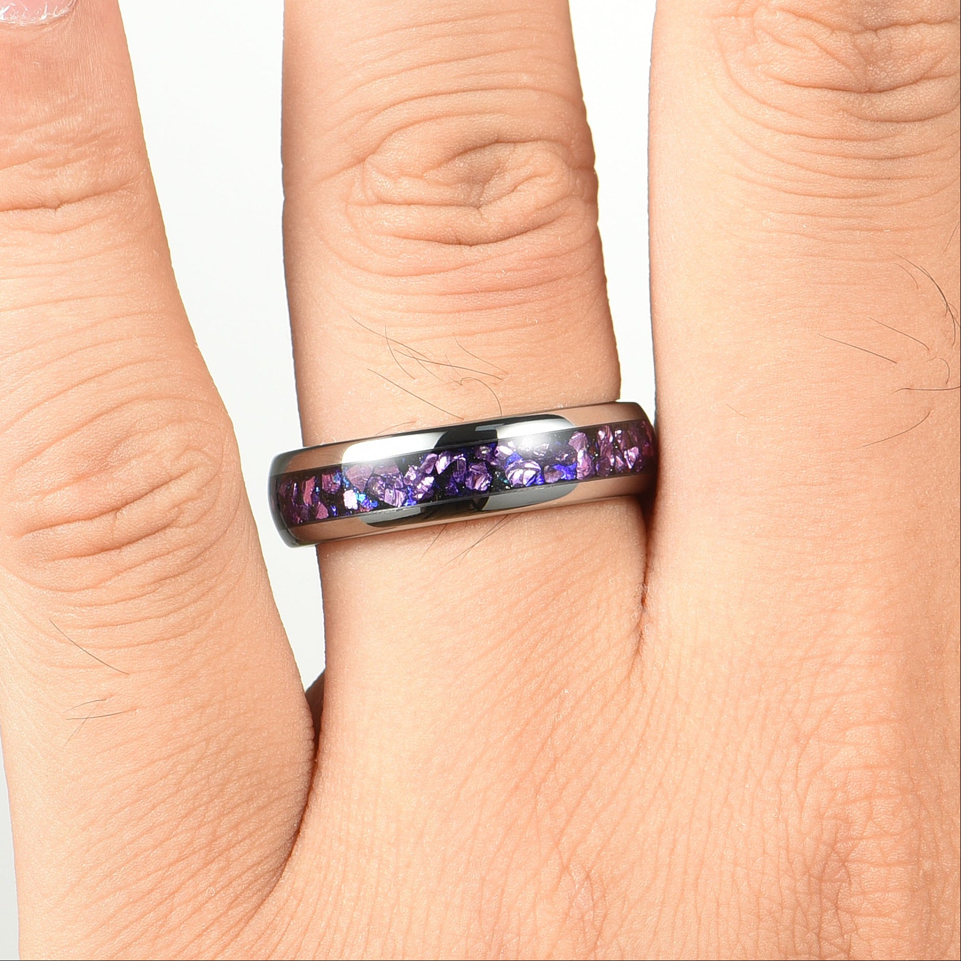 Matching Rings Cheap Silver Wedding Sets in Galaxy Design Female Hand View