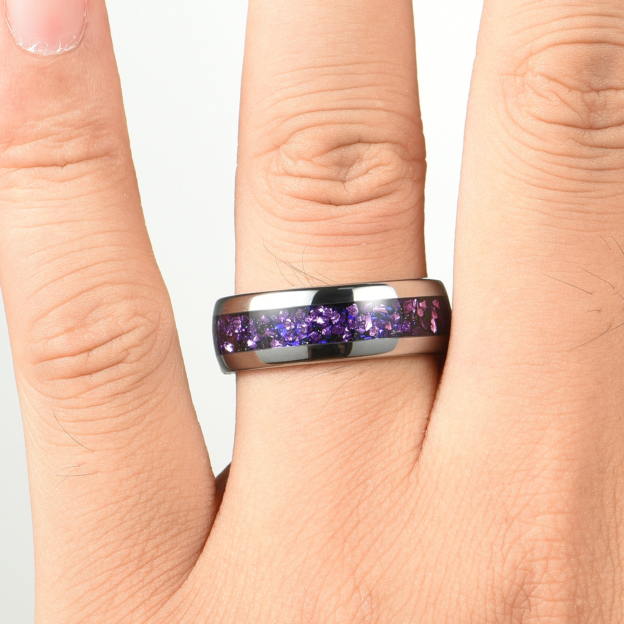 Matching Rings Cheap Silver Wedding Sets in Galaxy Design Male Hand View