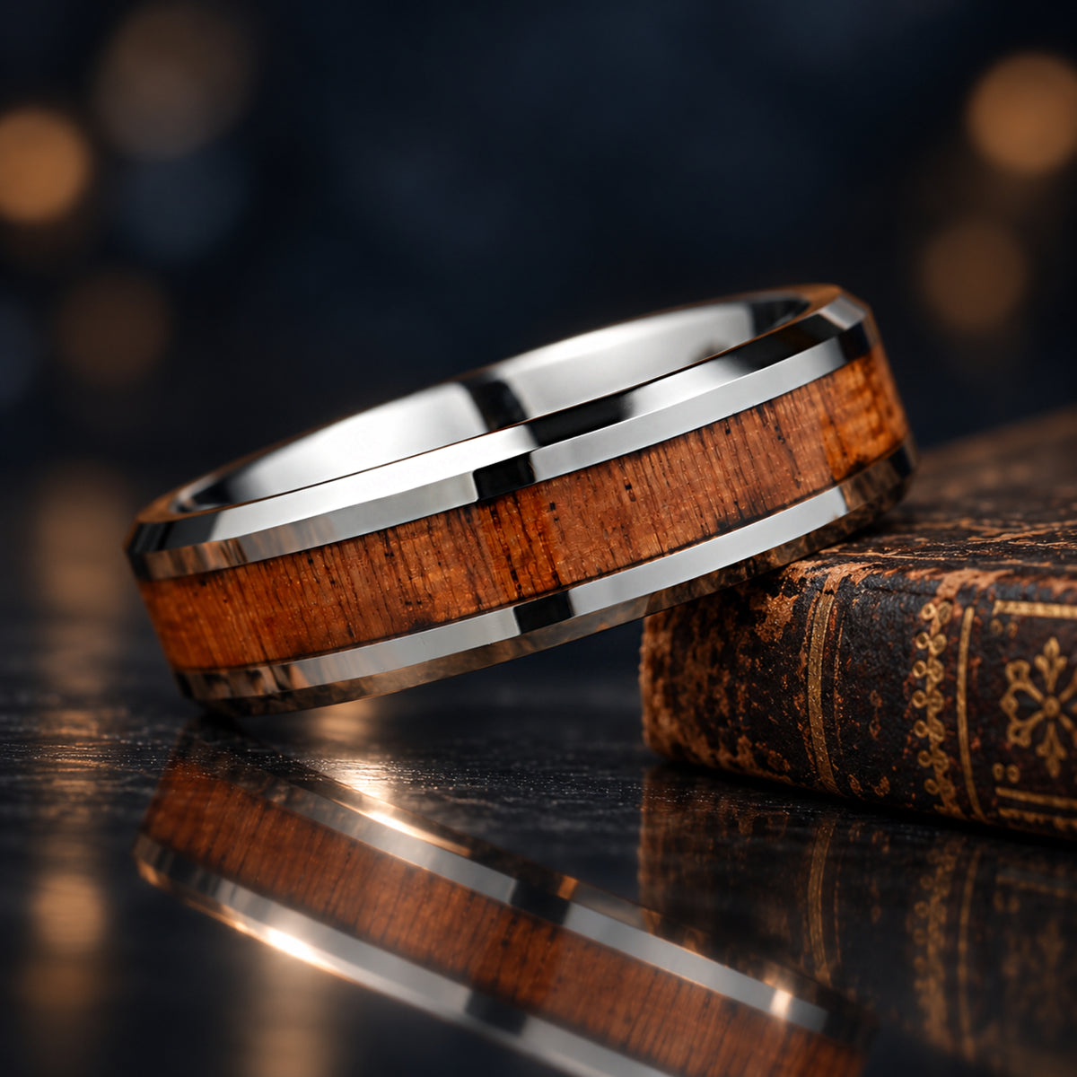 Matching Rings Couple Promise Set in Hardwood Tungsten Angled View