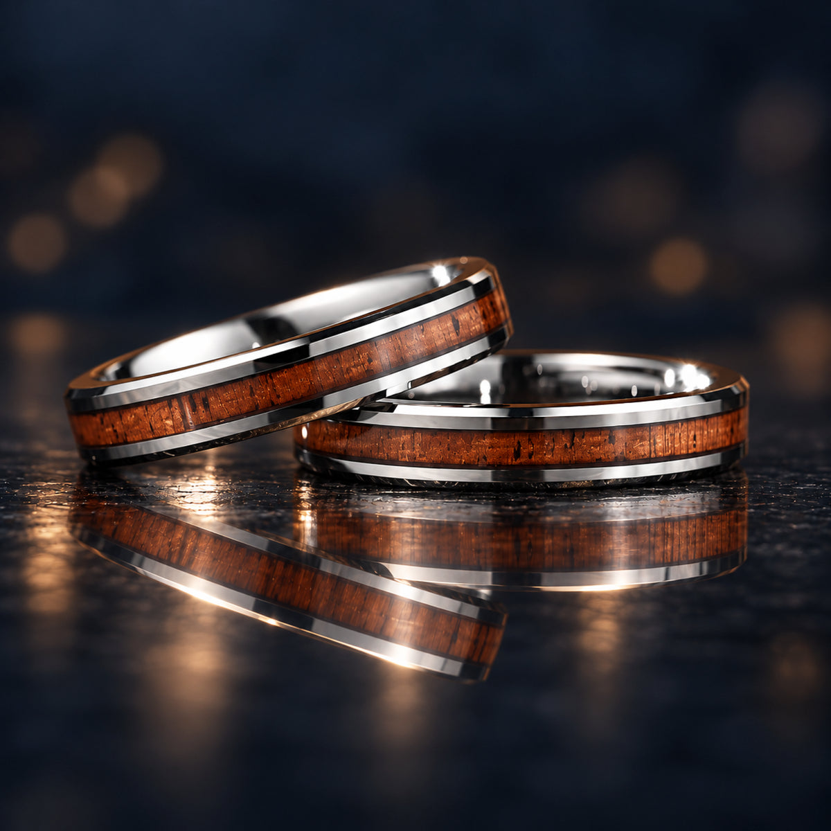 Matching Rings Couple Promise Set Showing Hardwood Inlay Detail