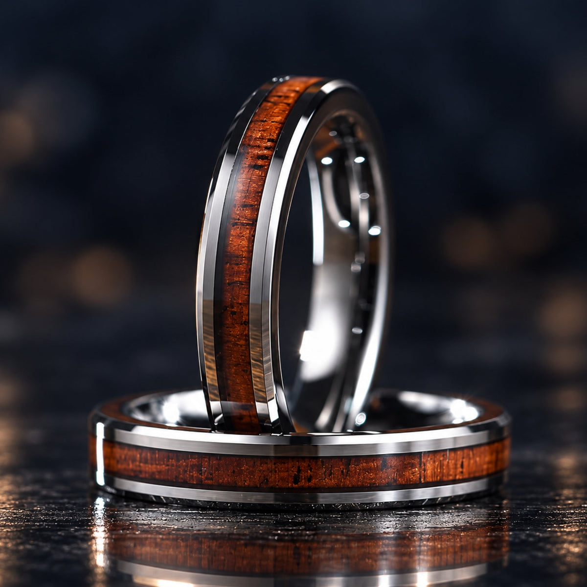Matching Rings Couple Promise Set in Hardwood Tungsten Front View