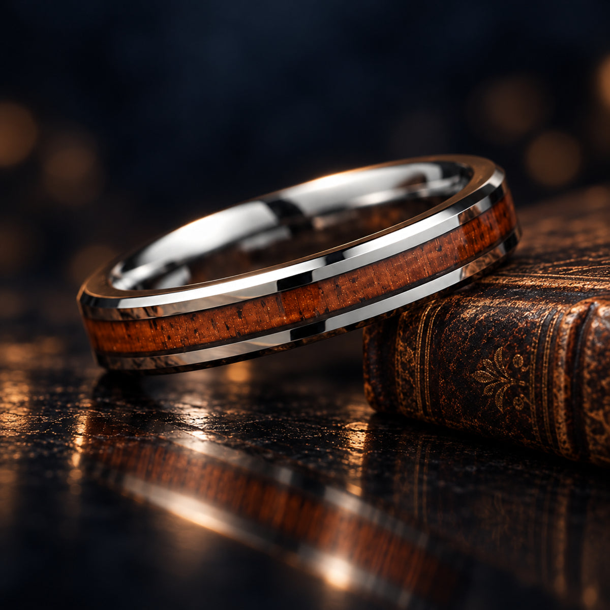 Matching Rings Couple Promise Set in Hardwood Tungsten Side View