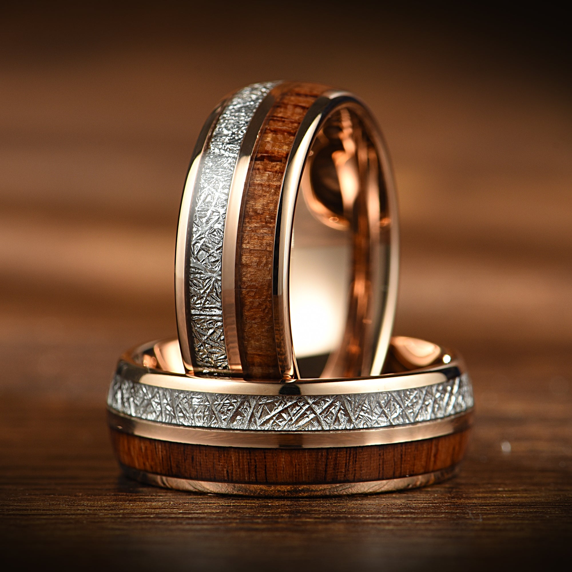Matching Rings Couples Promise Set with Koa Wood Angled View