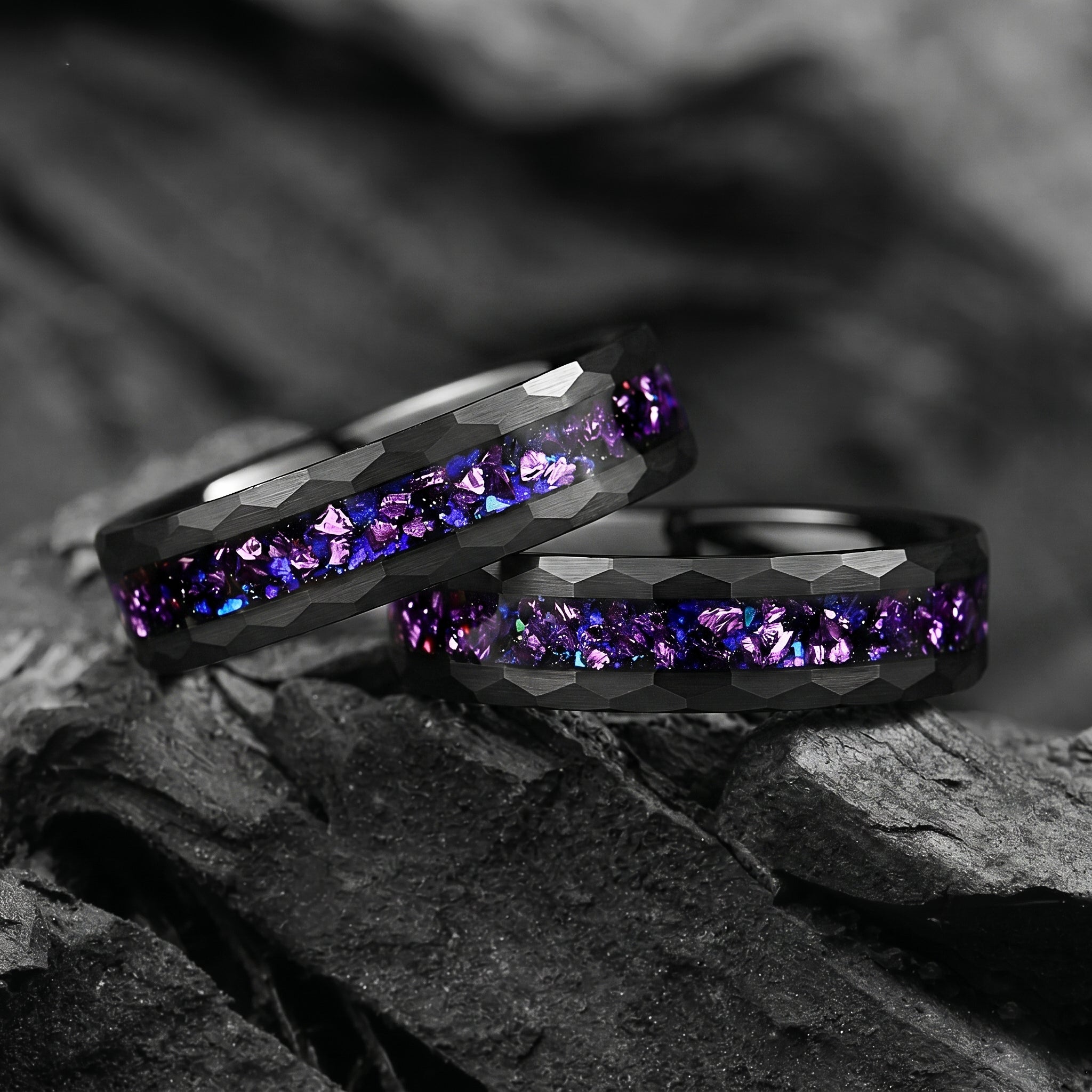 Matching Rings Custom Tungsten Wedding Bands in Pulsar Design with Custom Engraving