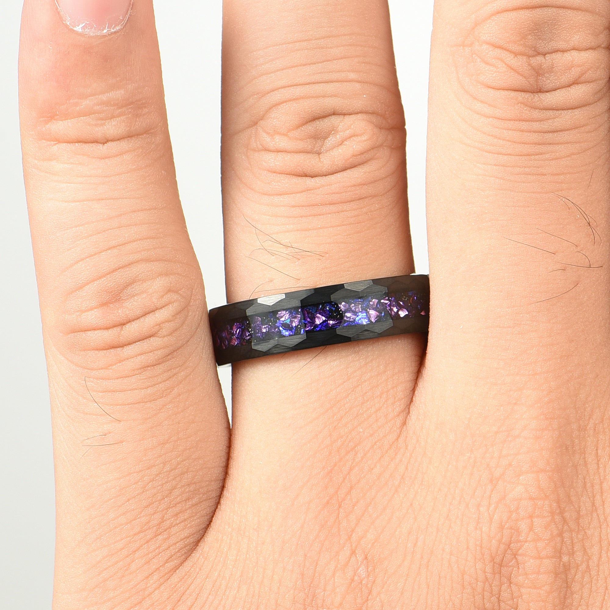 Matching Rings Custom Tungsten Wedding Bands in Pulsar Design Male Hand View