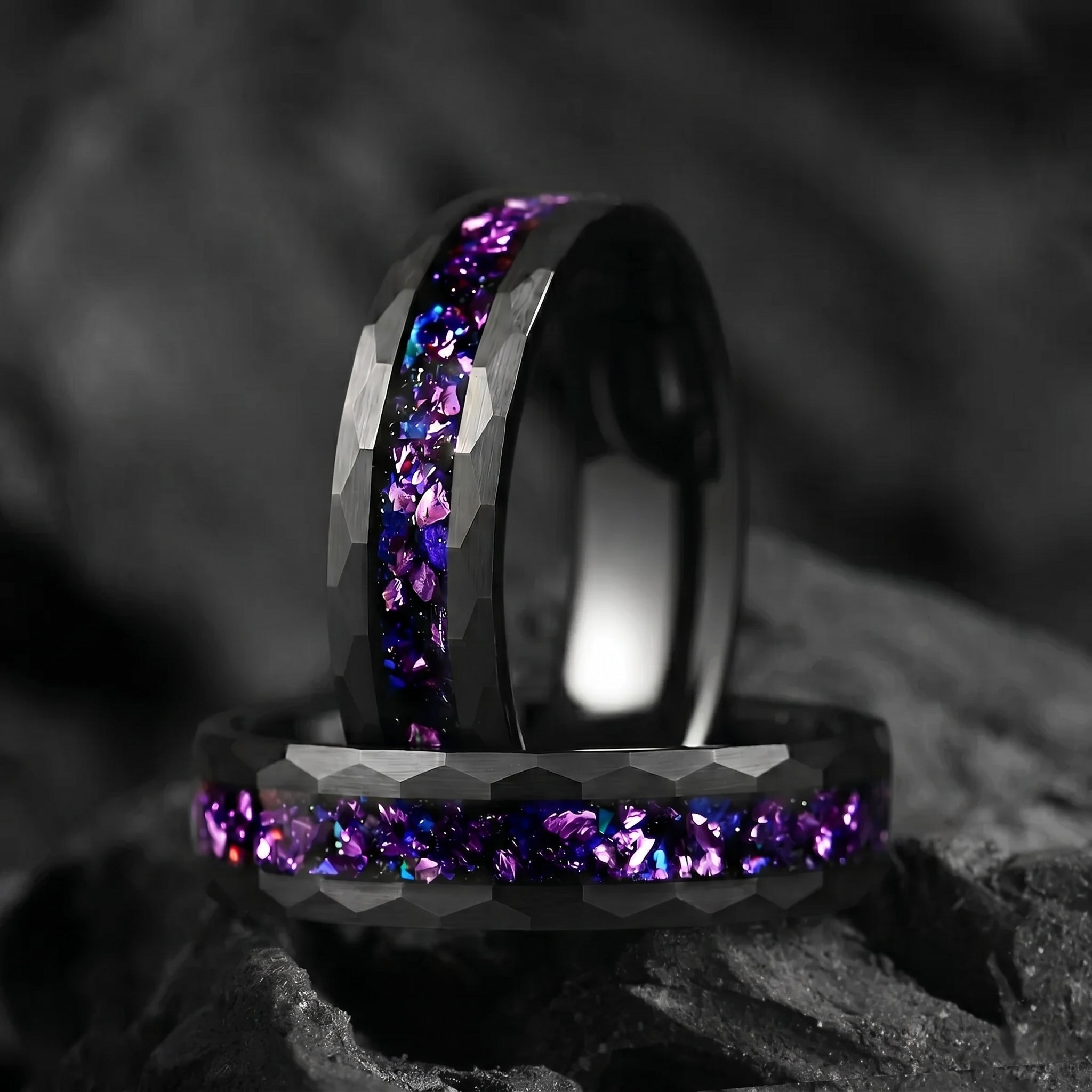 Matching Rings Custom Tungsten Wedding Bands in Pulsar Design Stacked 