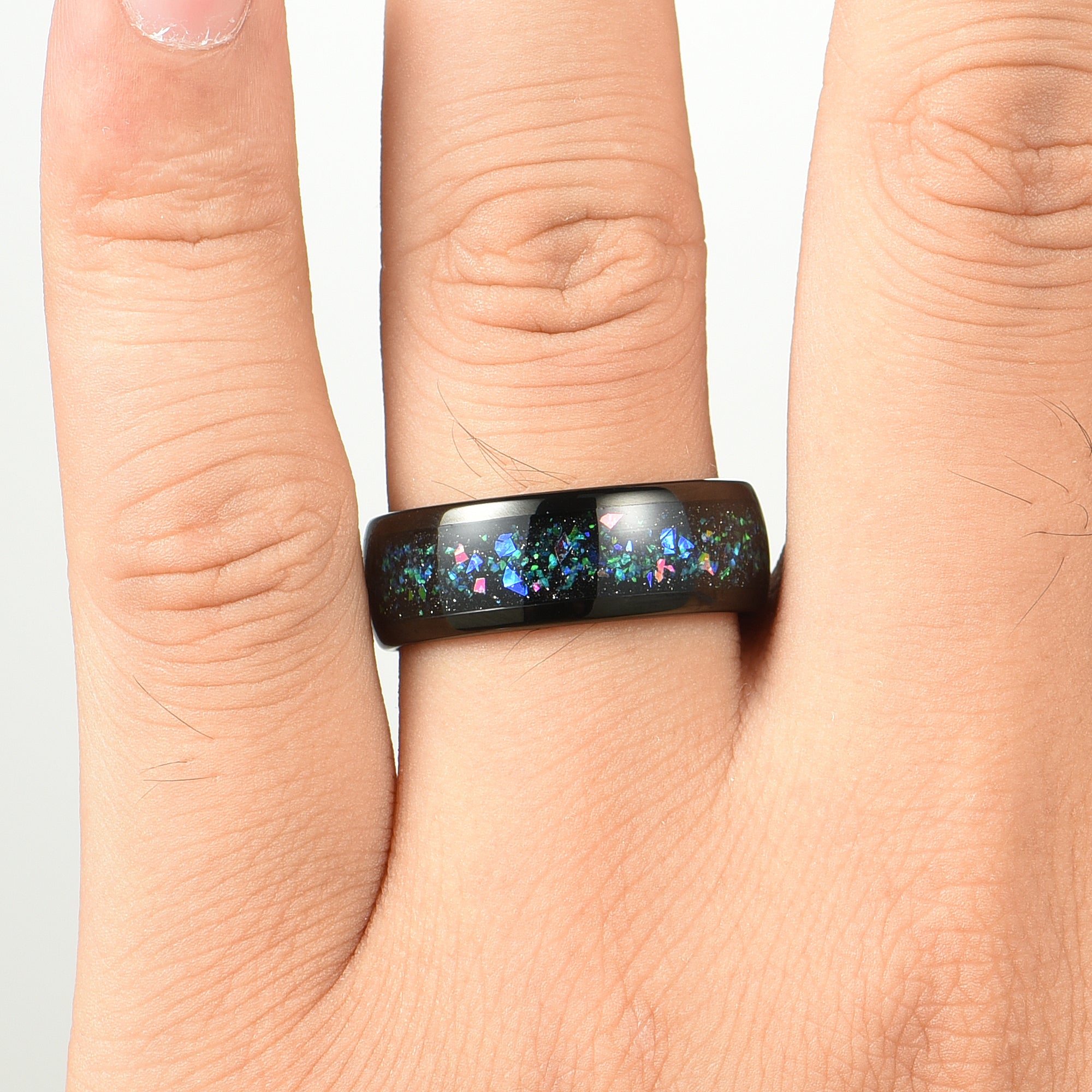 Matching Rings Discount Tungsten Wedding in Helix Nebula Design Male Hand View