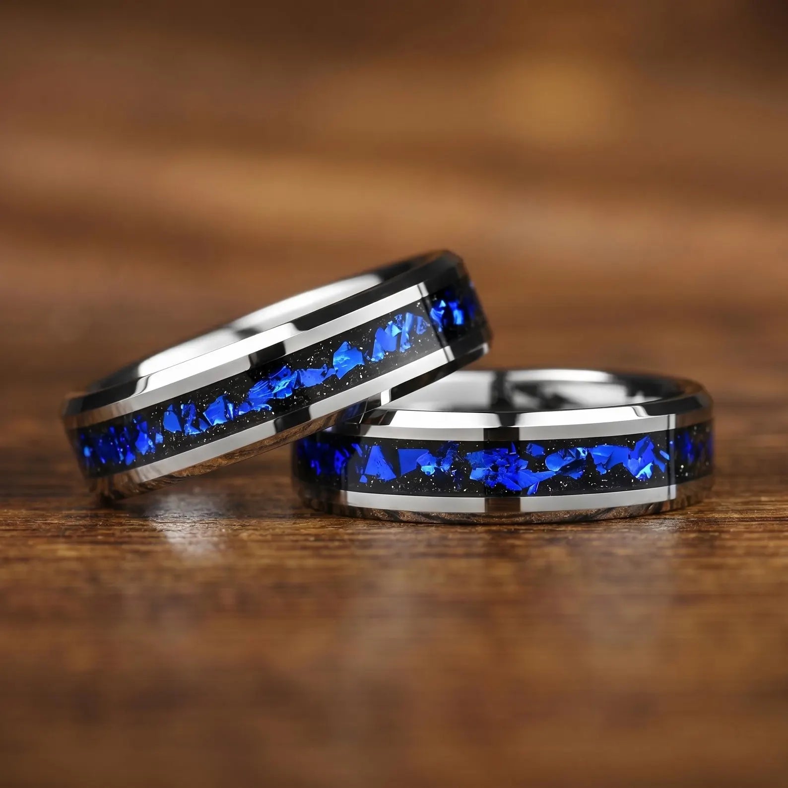 Matching Rings Silver Tungsten Wedding Sets in Cygnus Nebula Design Texture Detail