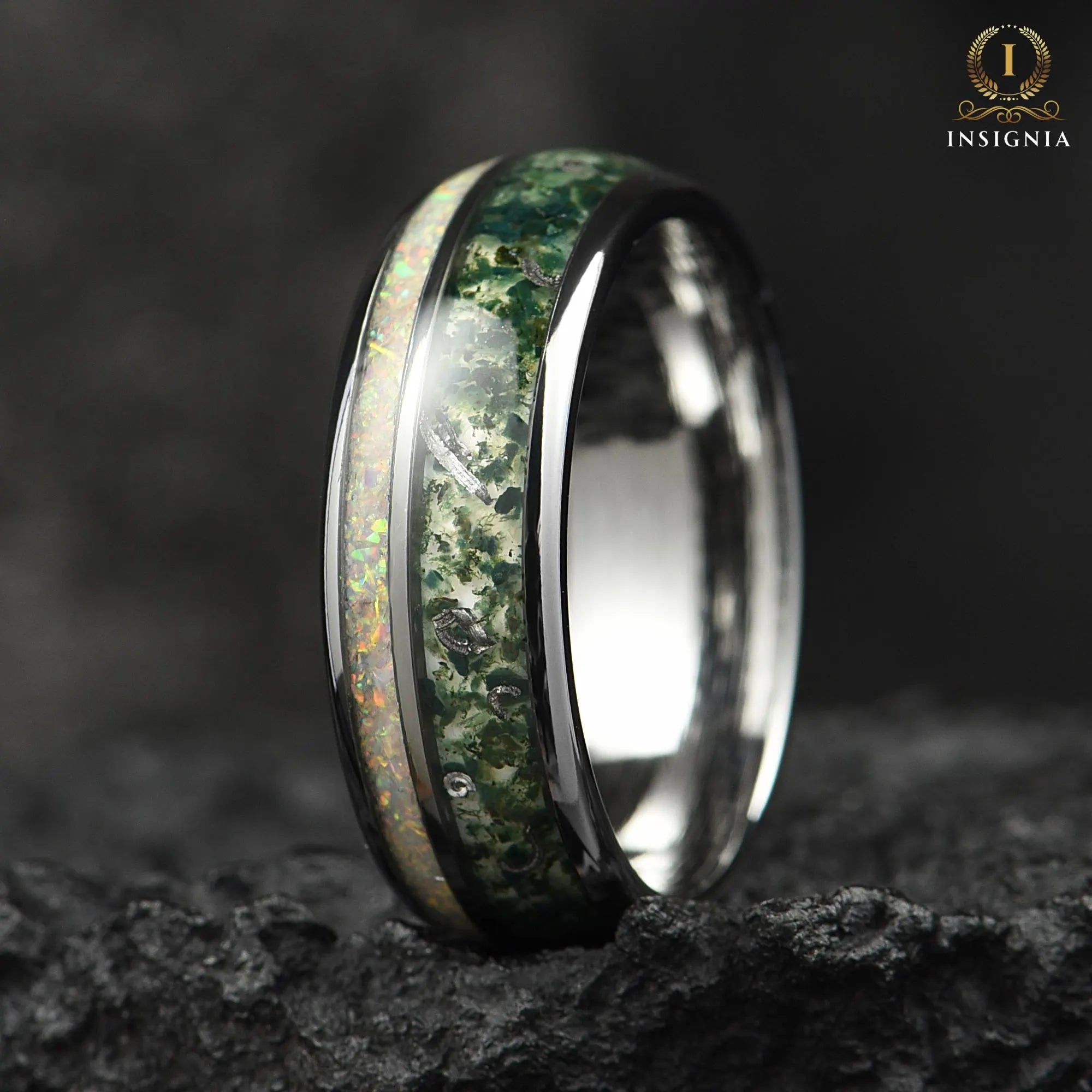 Matching Rings Tungsten Silver Wedding Set in Moss Agate Design Profile View