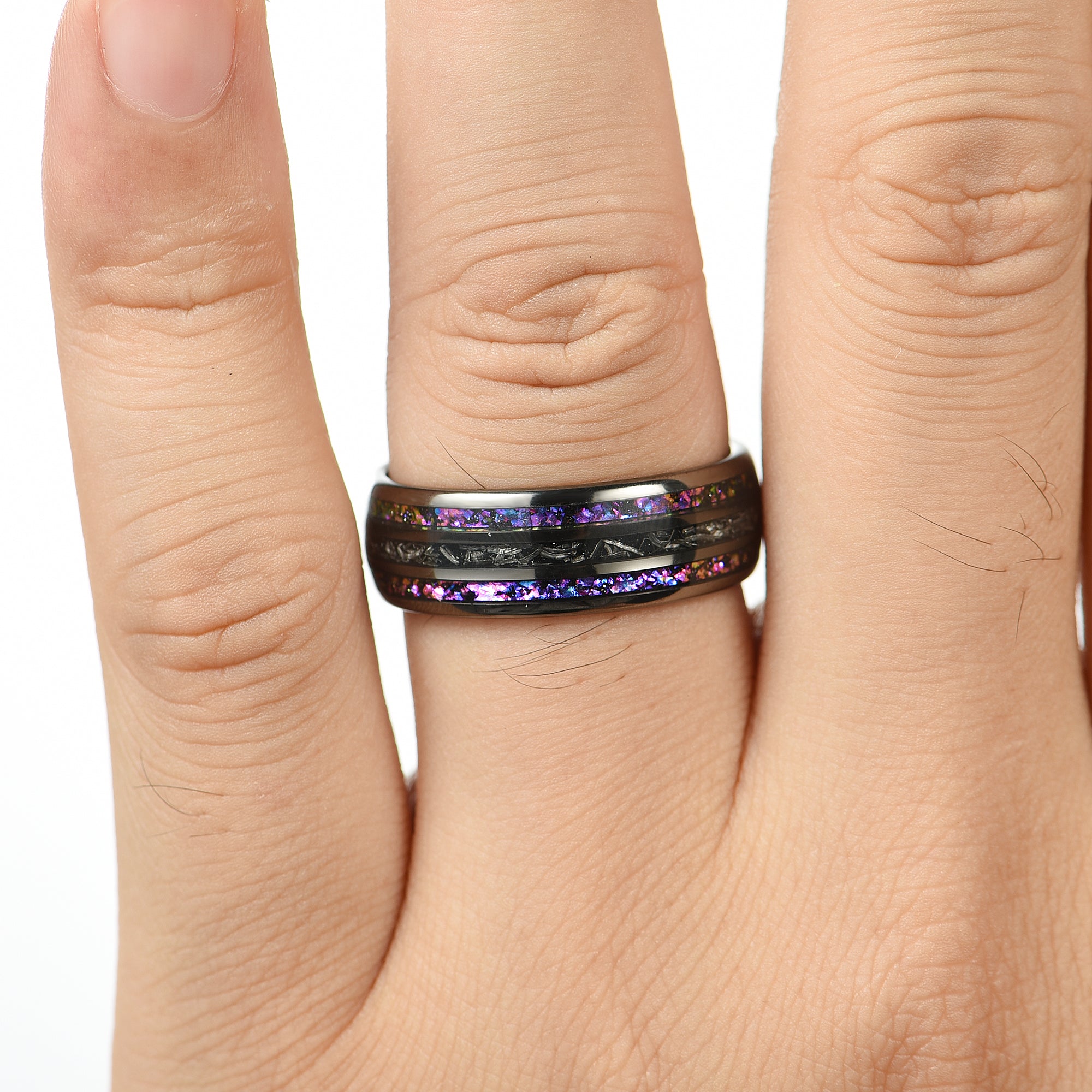 Men Wedding Ring Black Tungsten Band With Meteorite Nebula Inlay Male Hand View