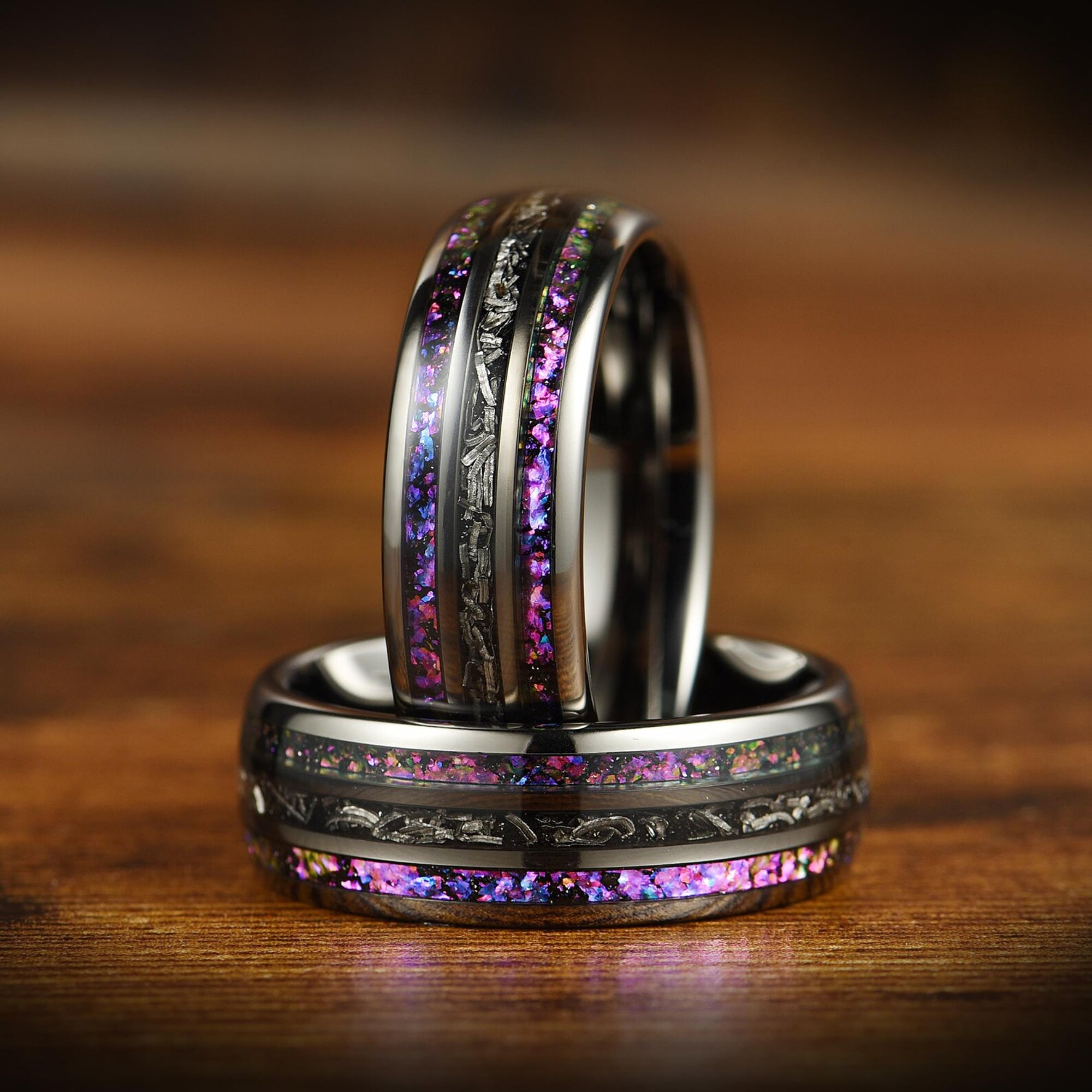 Men wedding ring black tungsten band with meteorite nebula inlay main view
