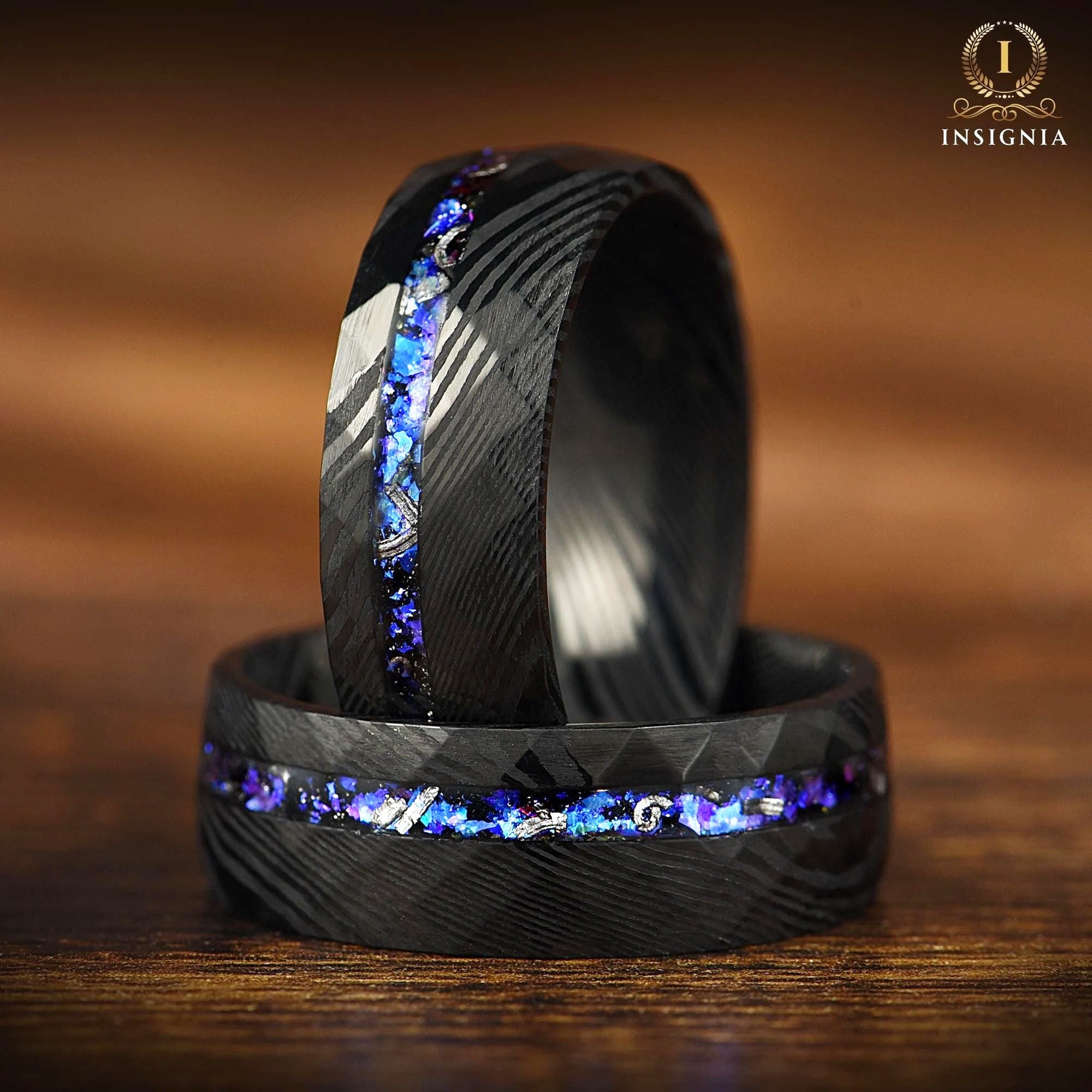 Men Wedding Rings Damascus Closeup View