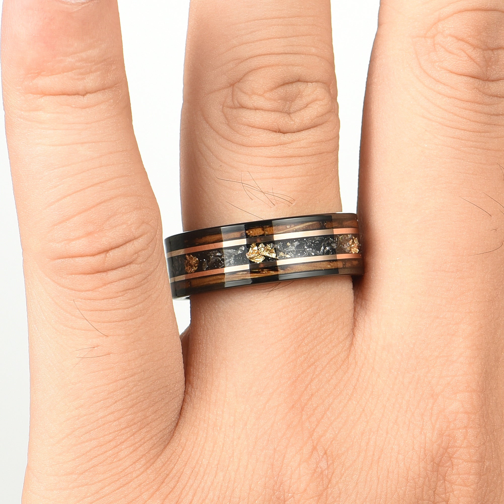 Mens Black Wedding Band Meteorite Smoked Wood Hand View