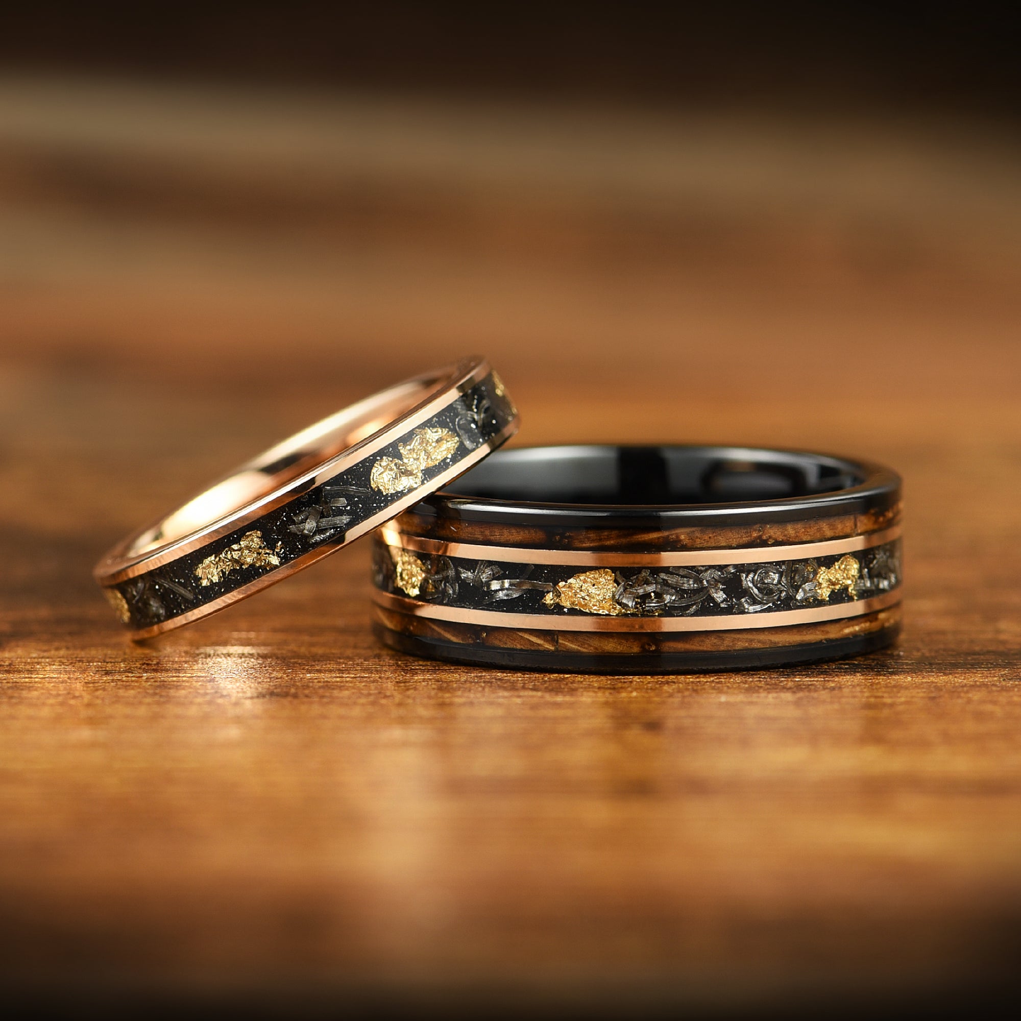 Mens Black Wedding Band Meteorite Smoked Wood Set View