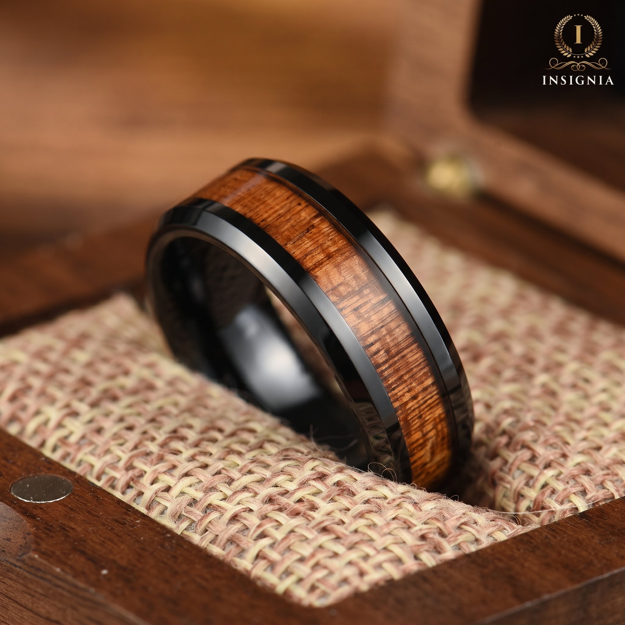 Mens Black Wedding Band Wood Box View