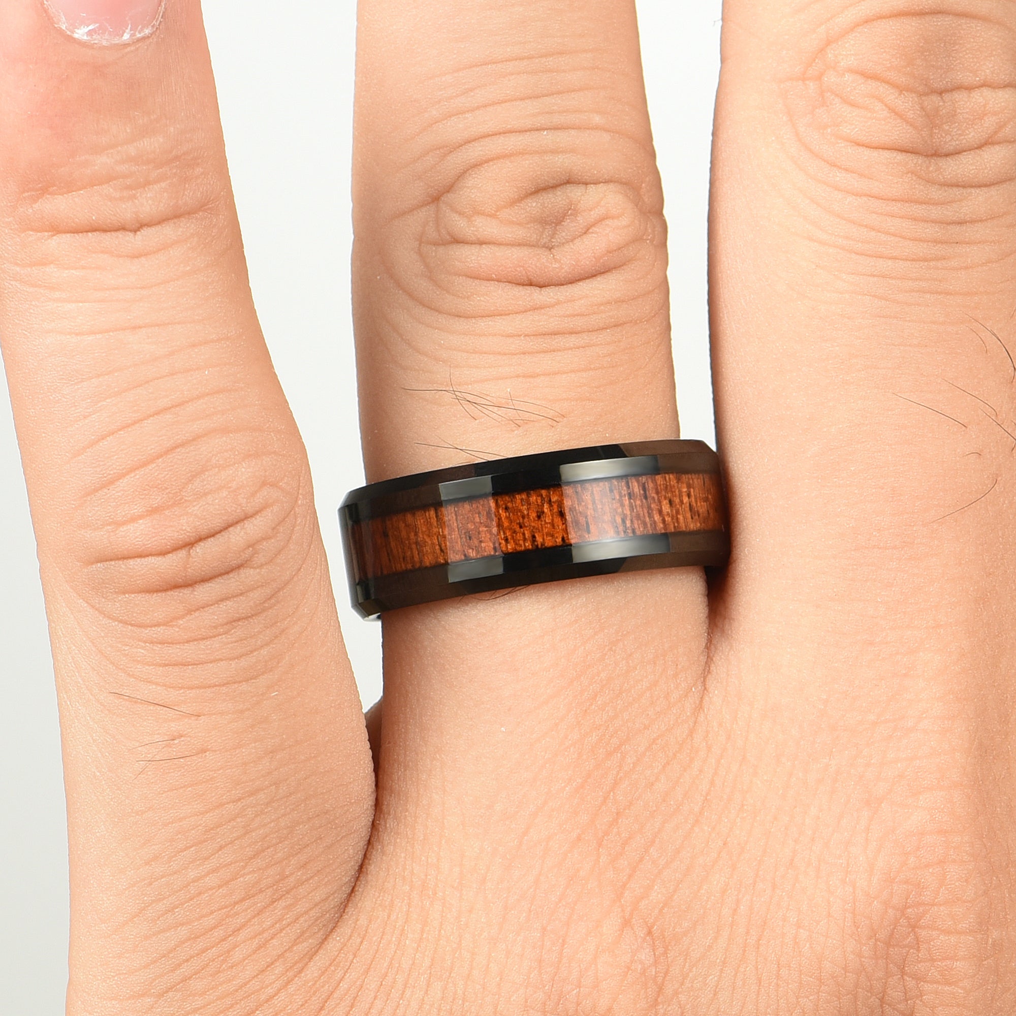 Mens Black Wedding Band Wood Hand View