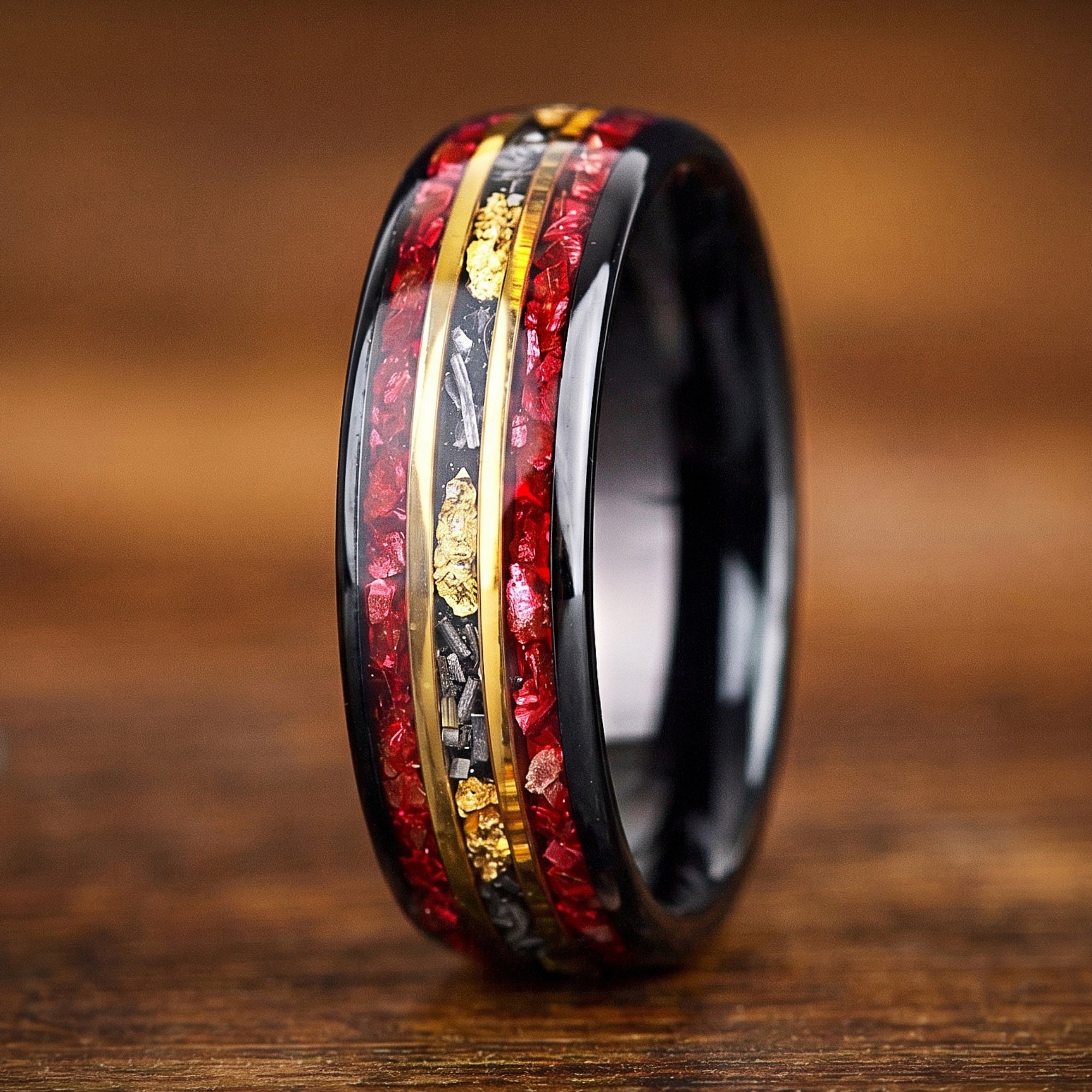 Mens engagement ring black band with garnet and meteorite detail