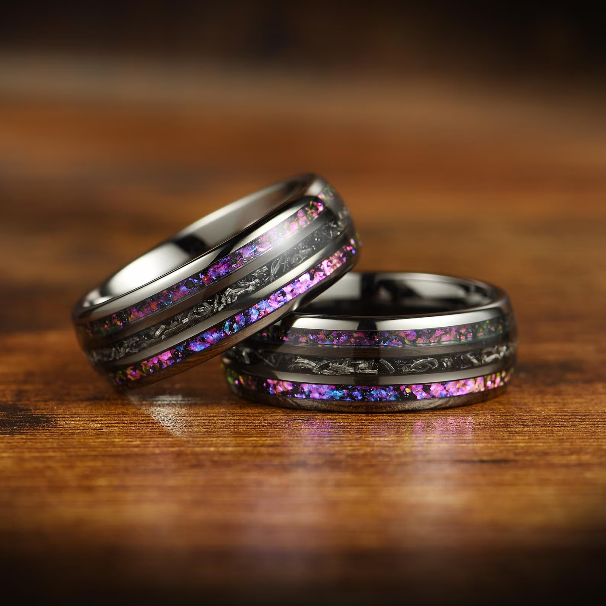 Mens fashion rings black band with nebula and meteorite design
