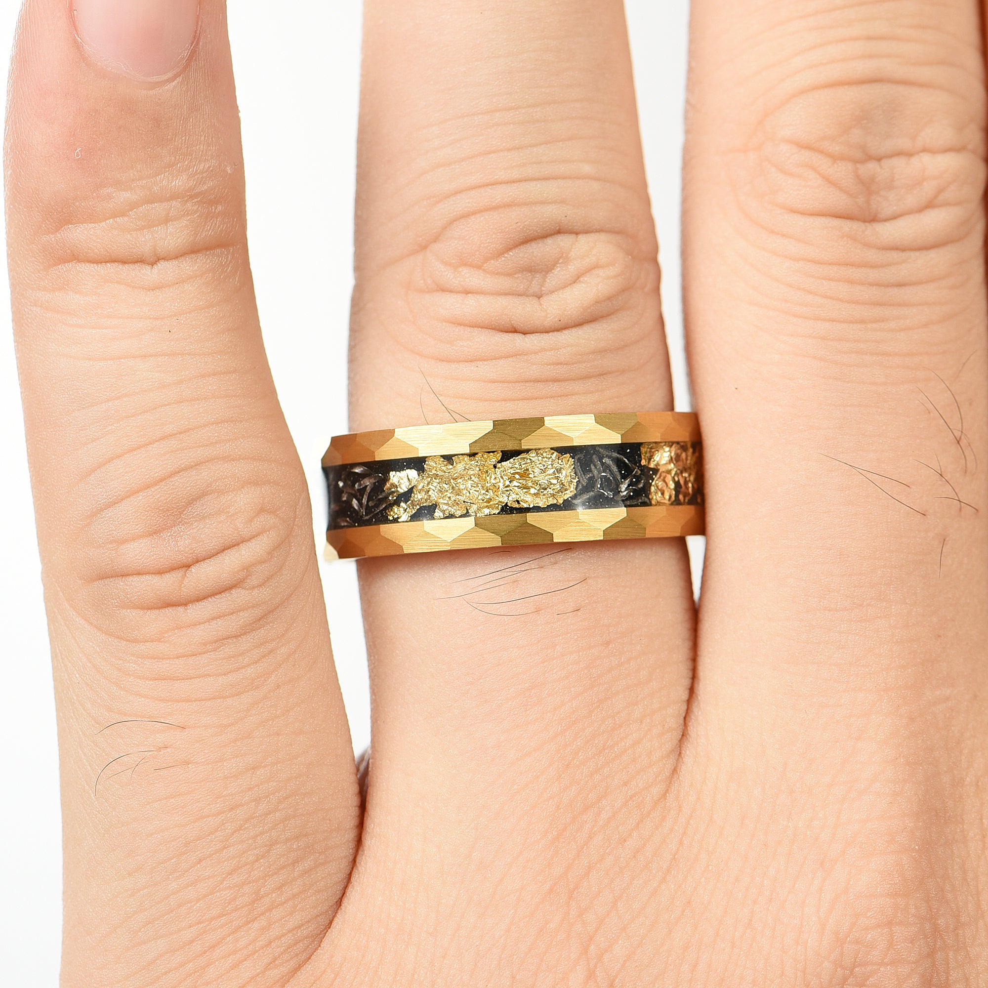 Mens Gold Ring With Hammered Finish And Meteorite Inlay Male Hand View