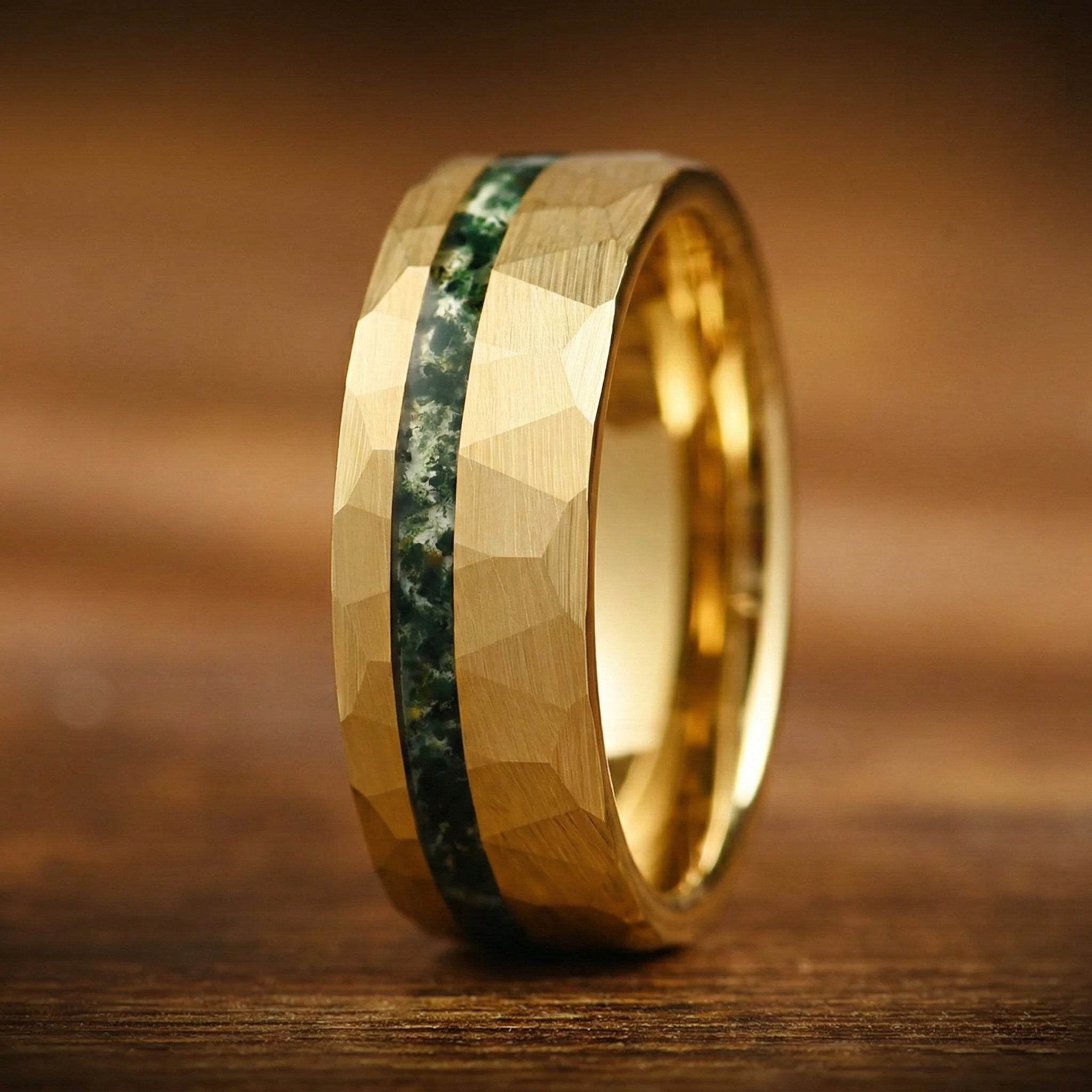 Mens Gold Wedding Band Moss Agate Close Up View
