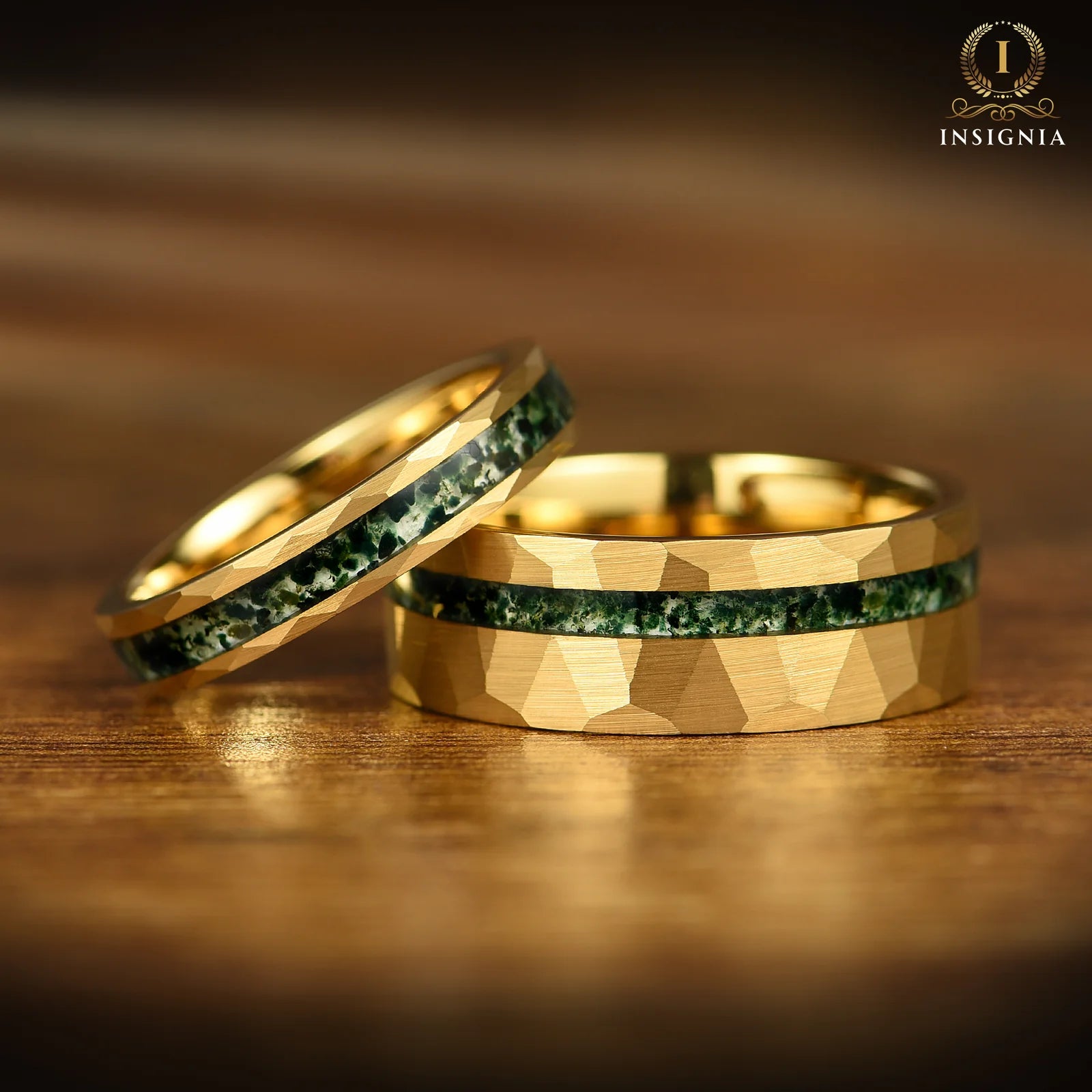 Mens Gold Wedding Band Moss Agate Pair View