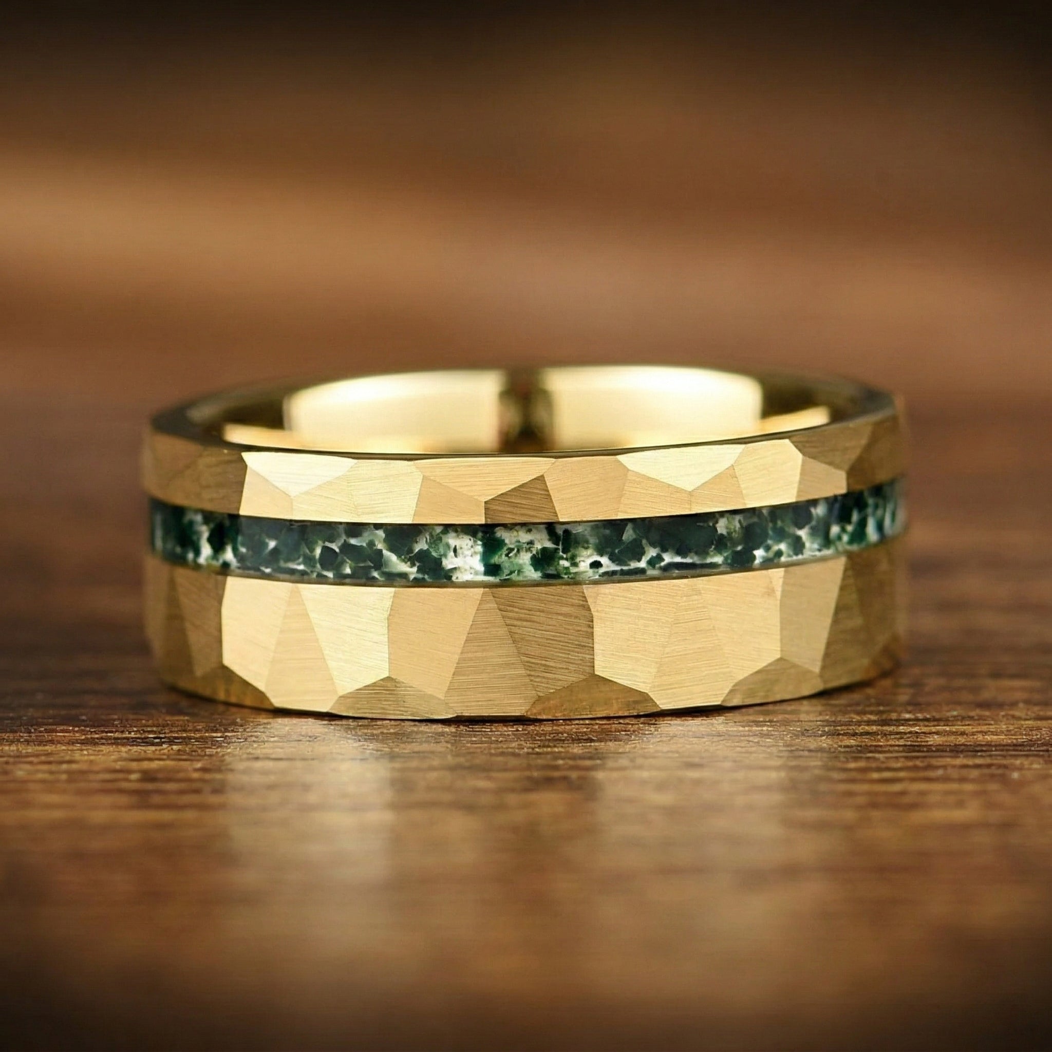Mens Gold Wedding Band Moss Agate Profile View