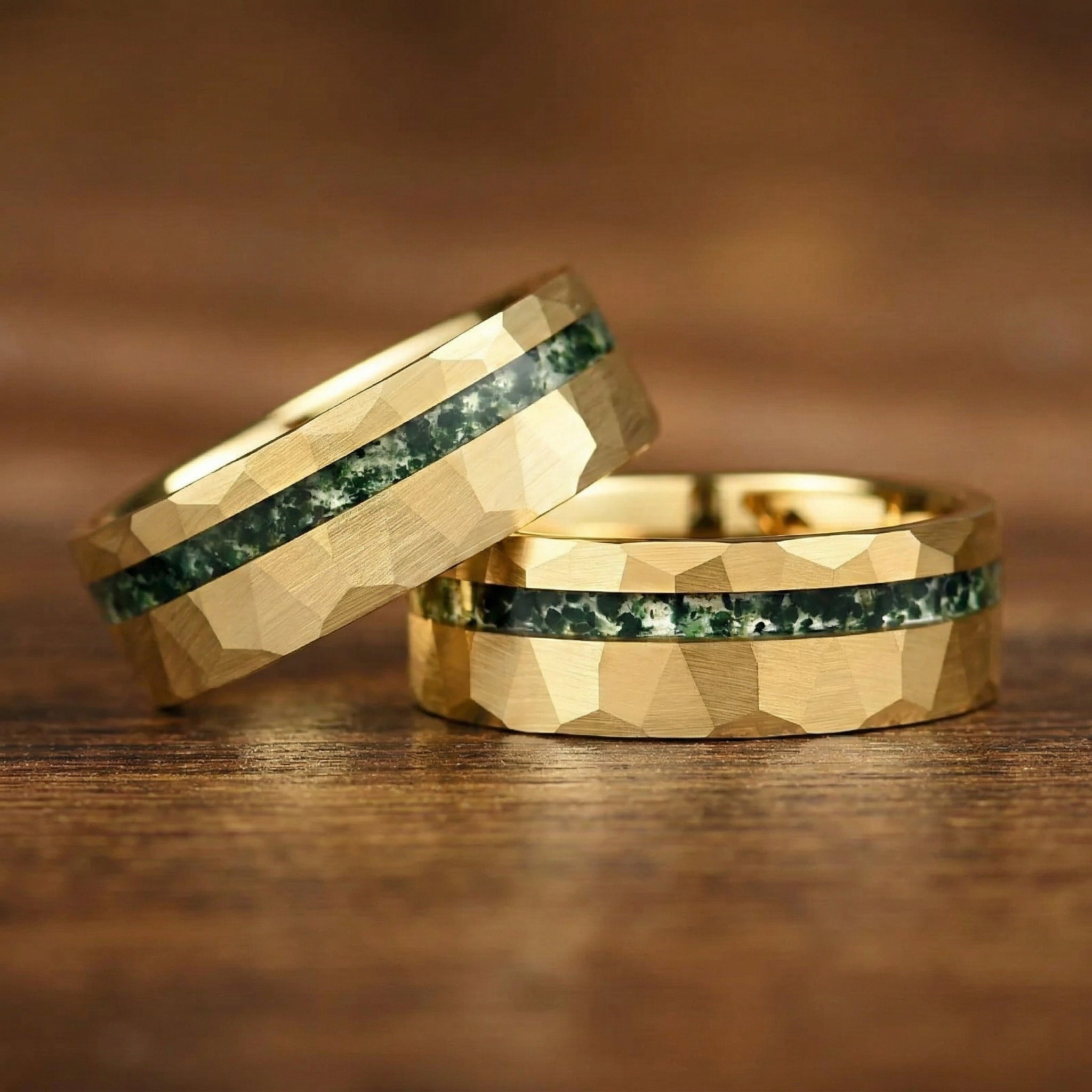 Mens Gold Wedding Band Moss Agate Stacked View