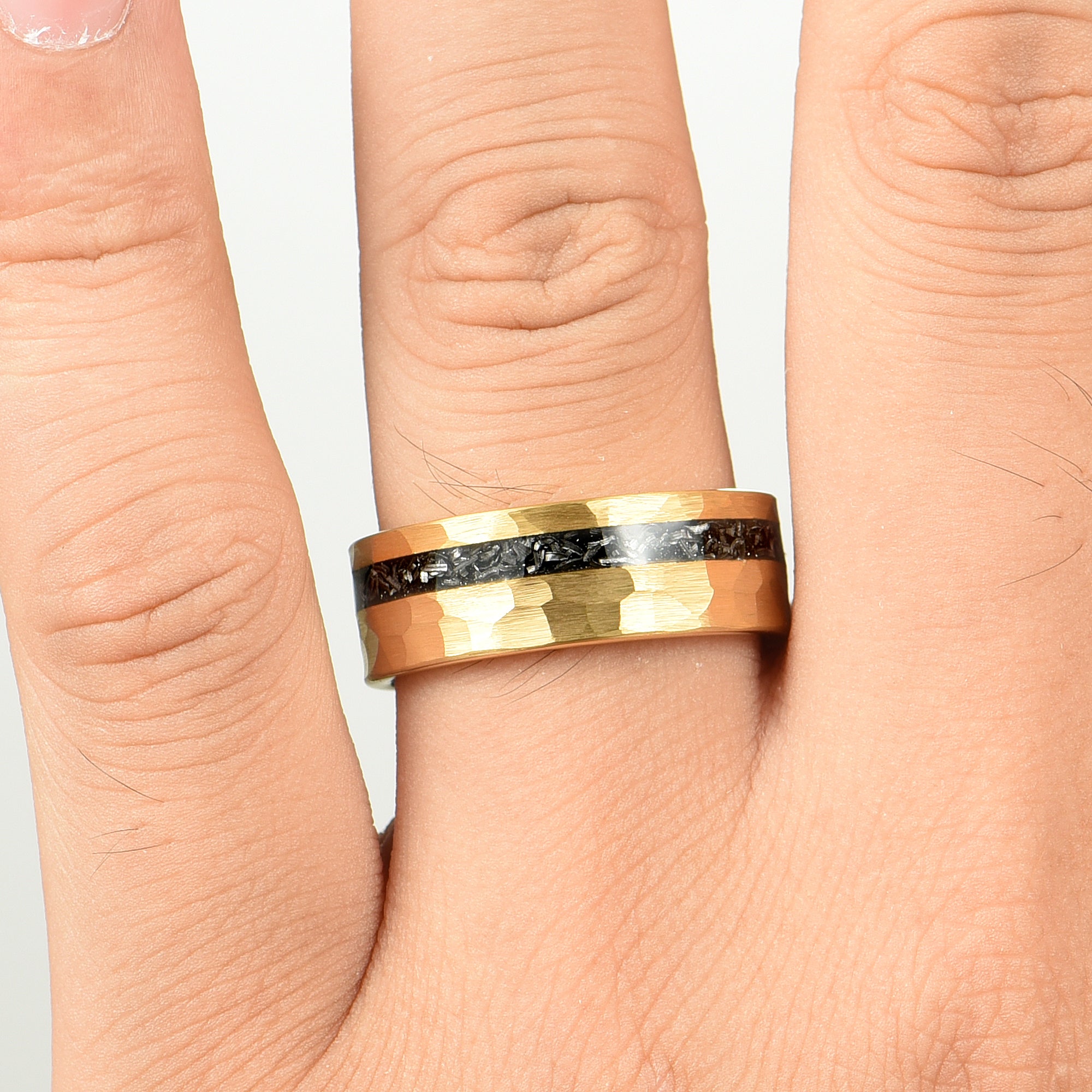 Mens Gold Wedding Bands Meteorite Hand View
