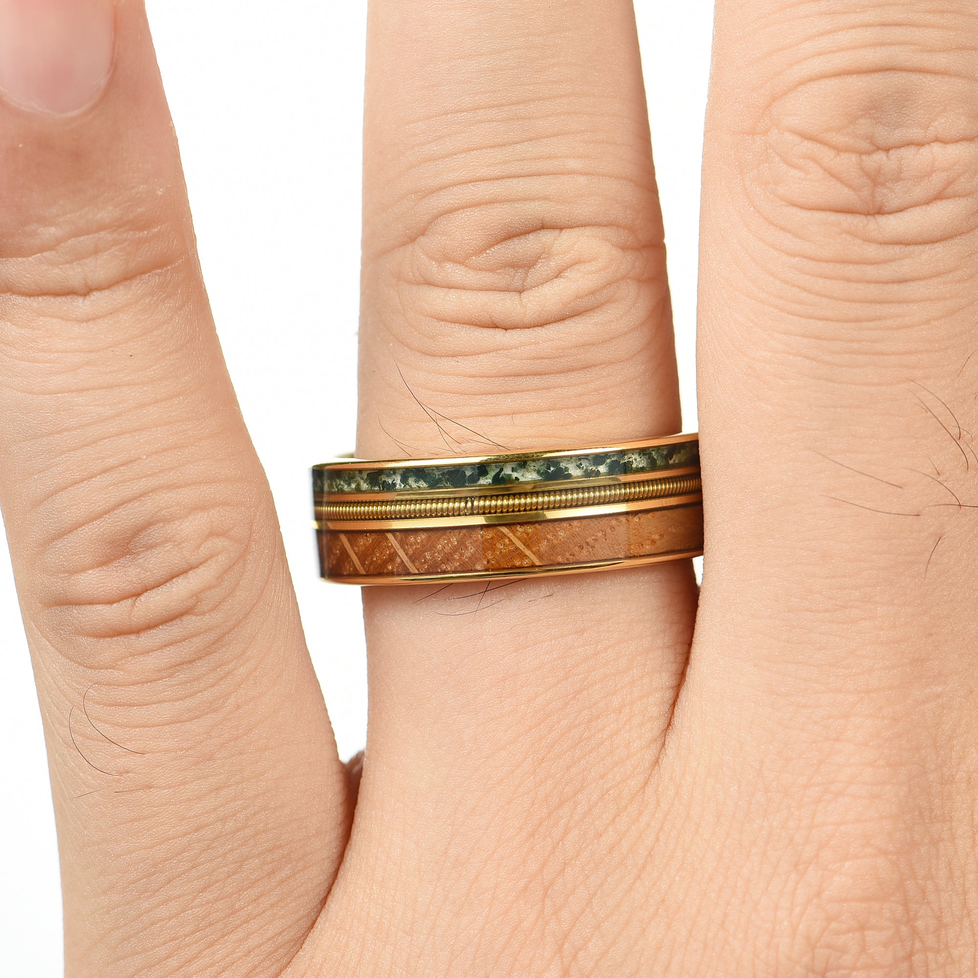 Mens Gold Wedding Rings Moss Agate Male Hand Display
