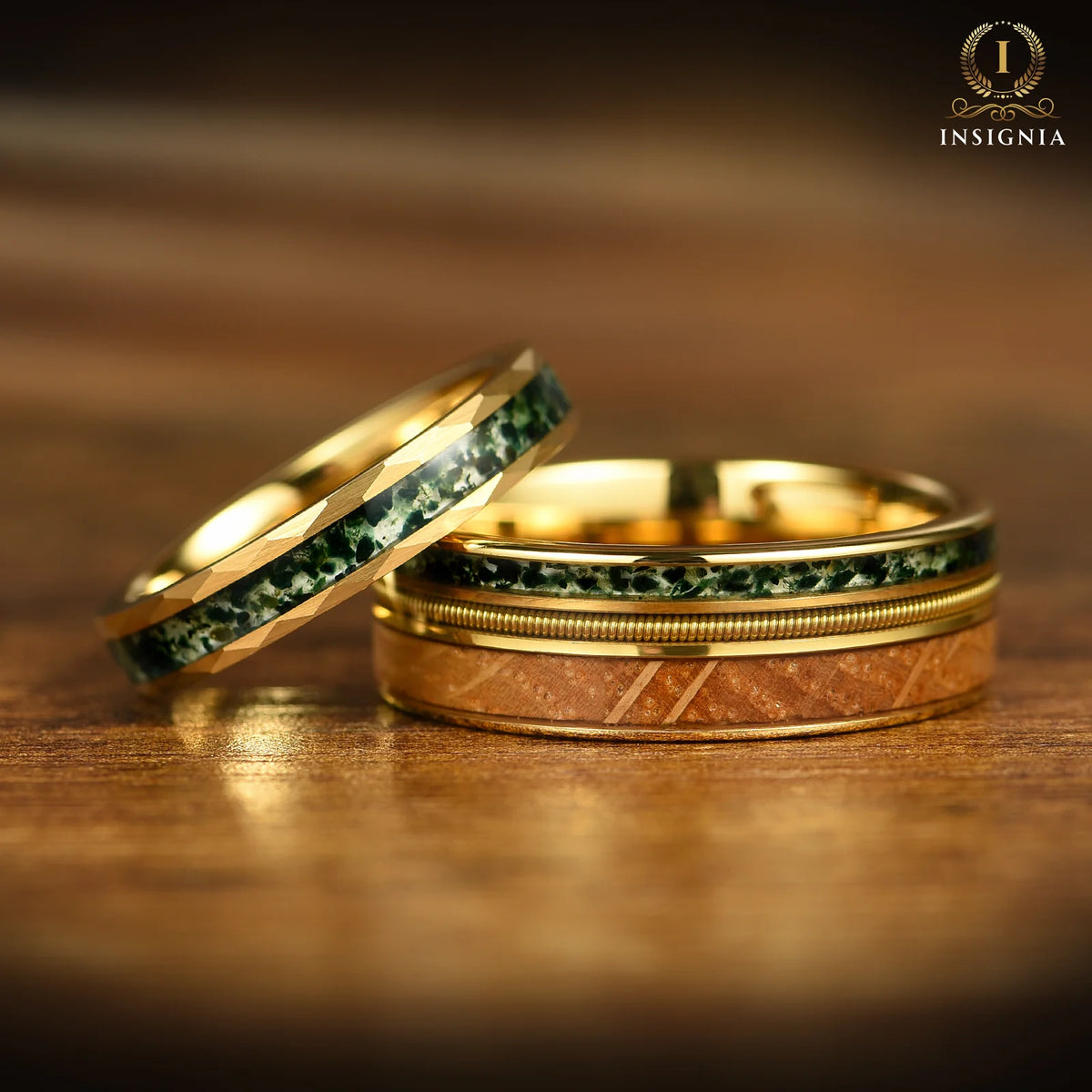 Mens Gold Wedding Rings Moss Agate Pair View