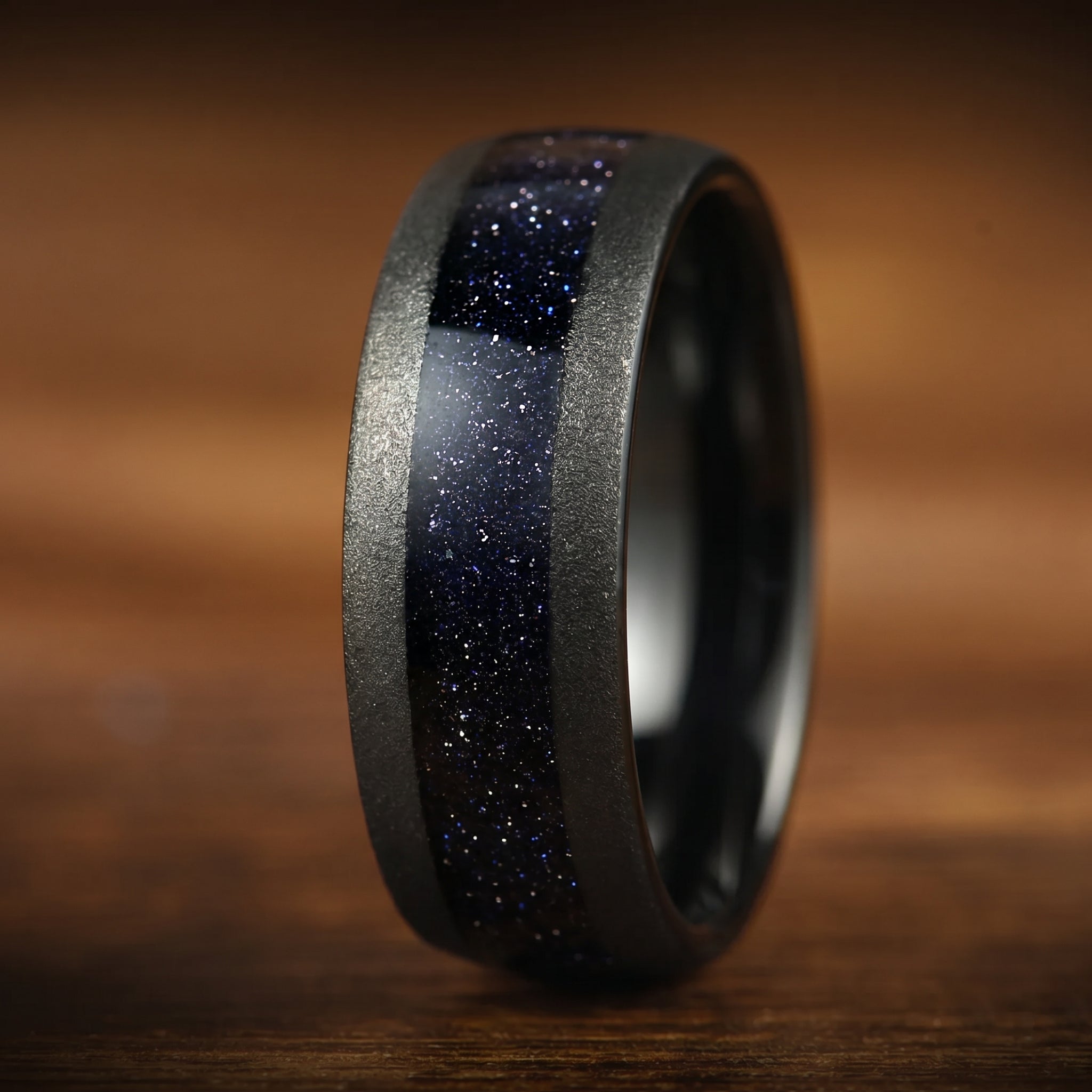 Mens Promise Ring Black Tungsten Band with Nebula Inspired Centre Inlay Angled View
