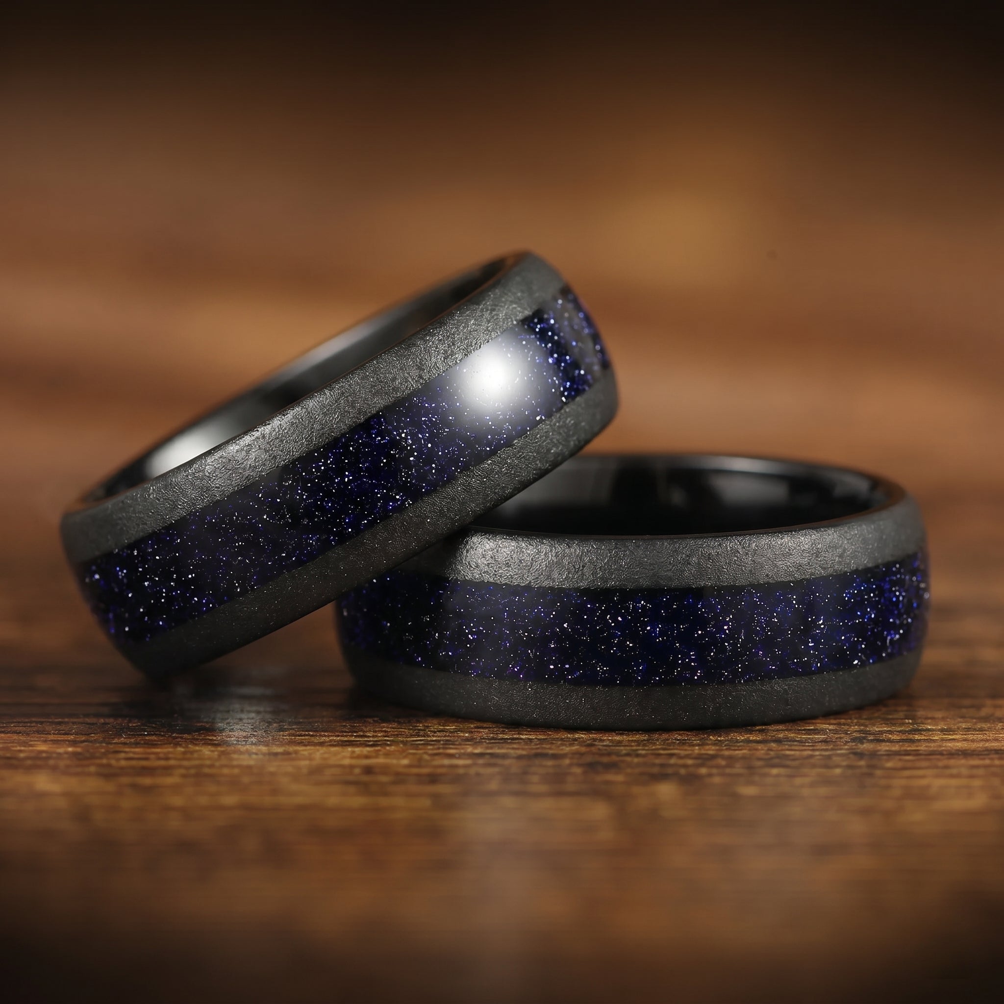 Mens Promise Ring Black Tungsten Band with Nebula Inspired Centre Inlay Close Up View