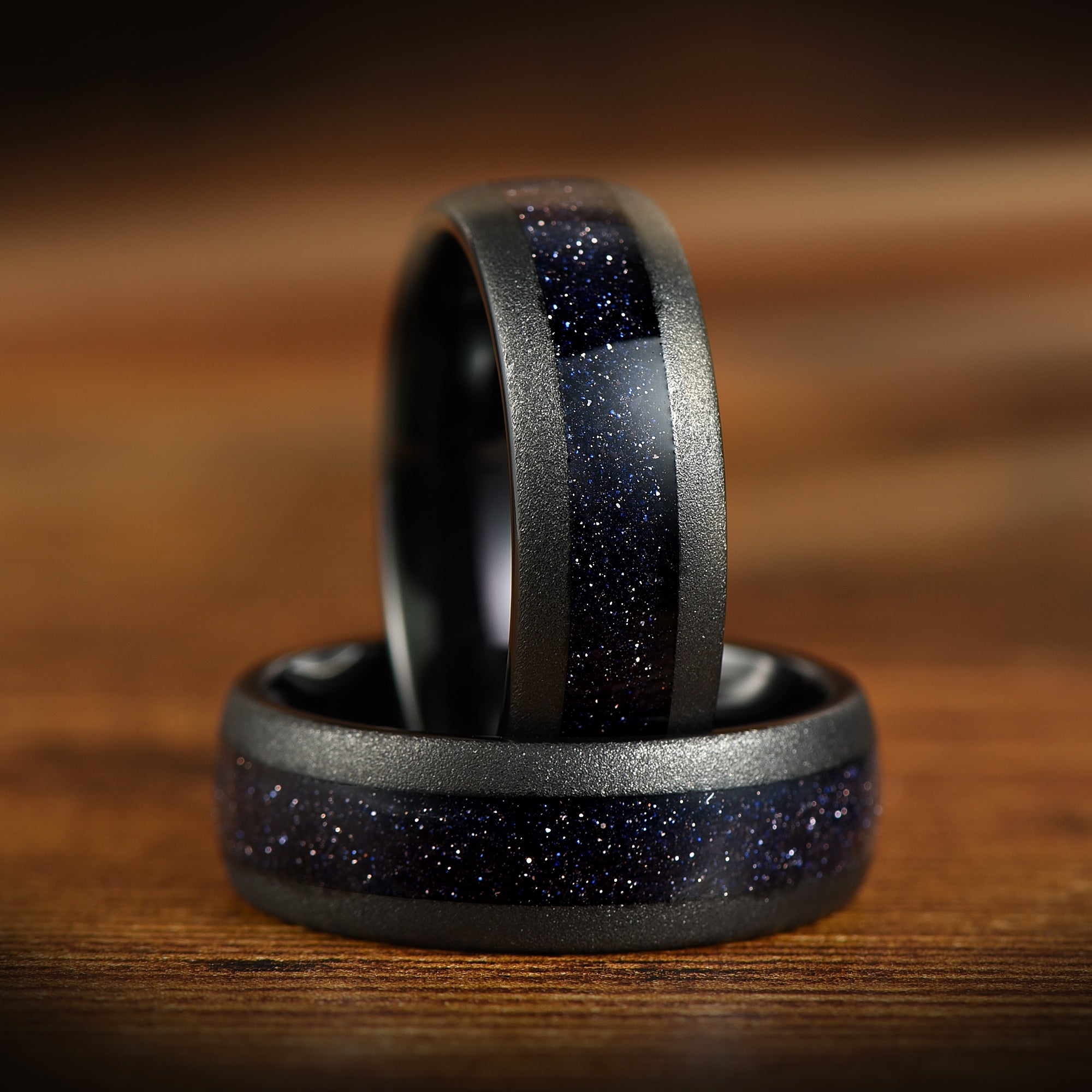 Mens Promise Ring Black Tungsten Band with Nebula Inspired Centre Inlay Side View