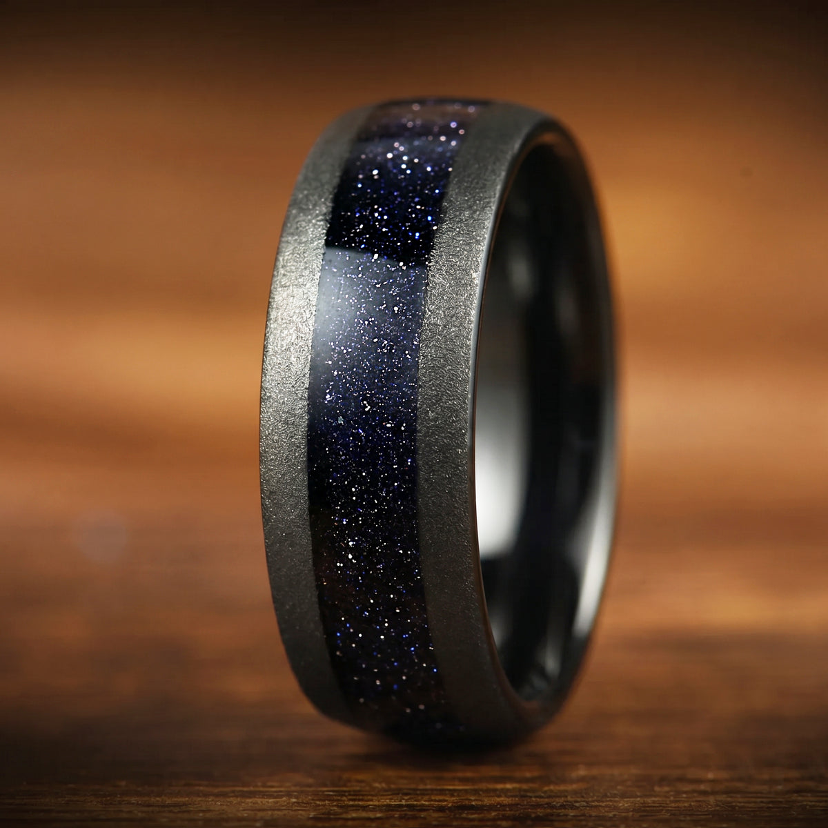 Mens Promise Ring Black Tungsten Band with Nebula Inspired Inlay Side View