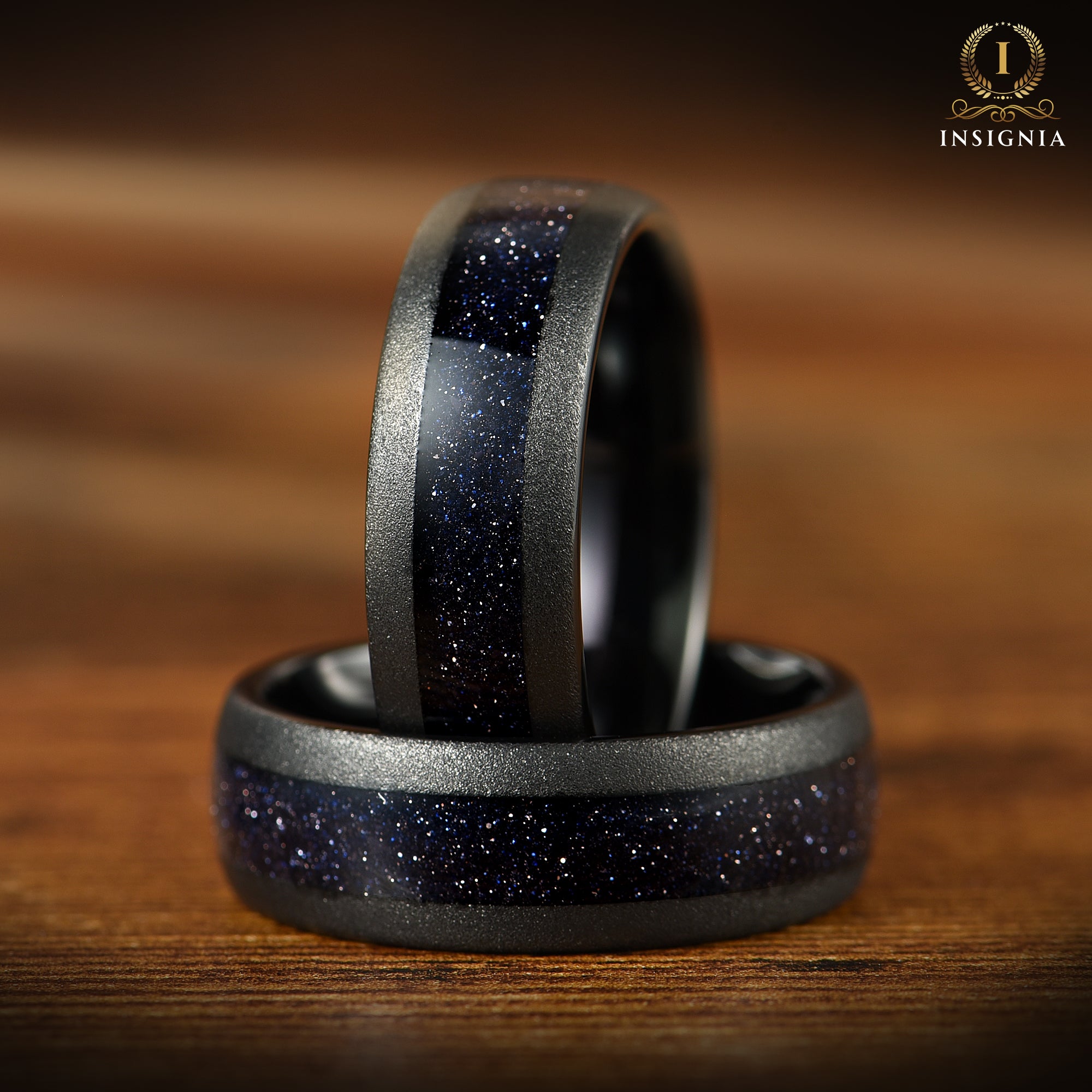 Mens promise rings black tungsten band with nebula inspired centre inlay