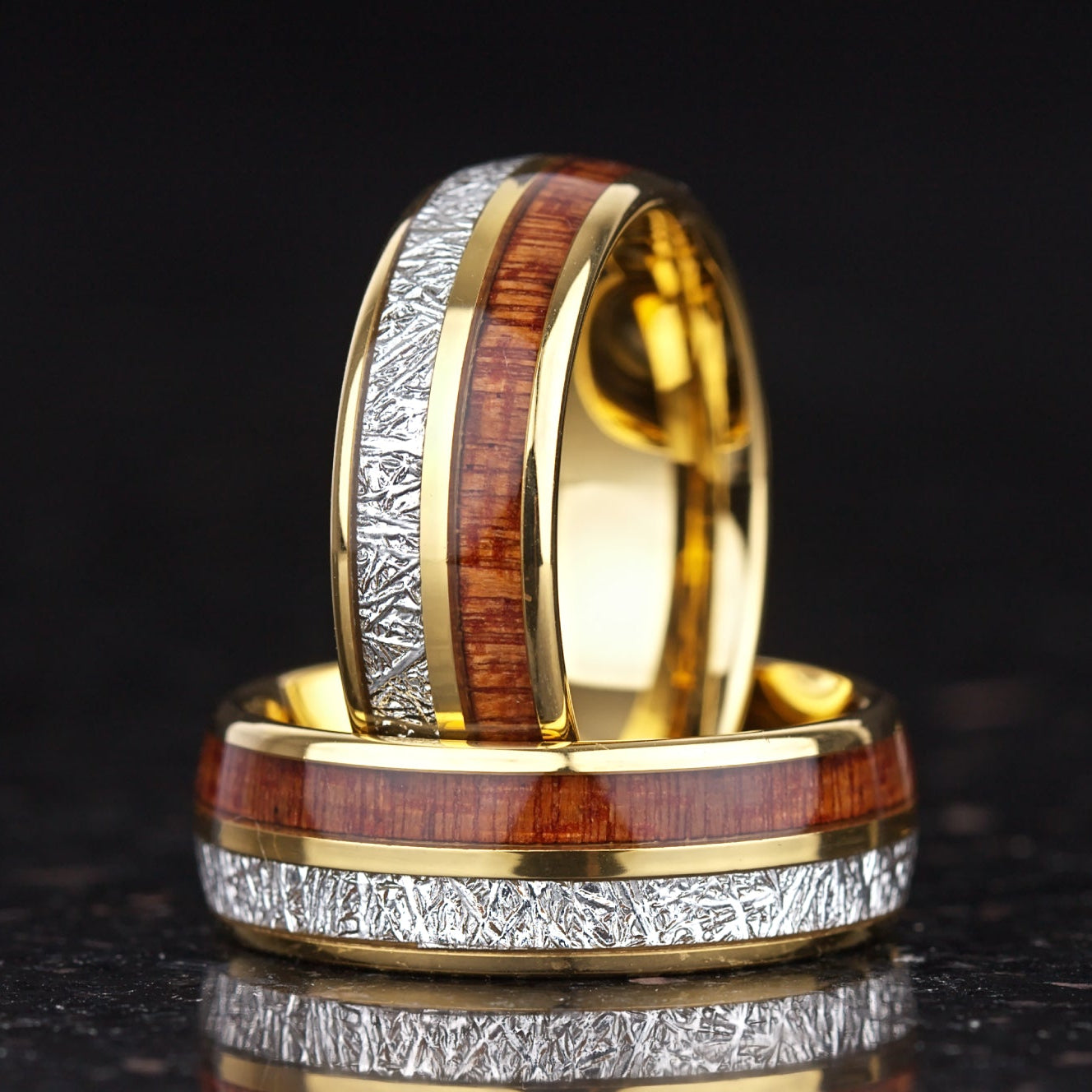 Mens rings gold tungsten band with whiskey barrel wood inlay main view