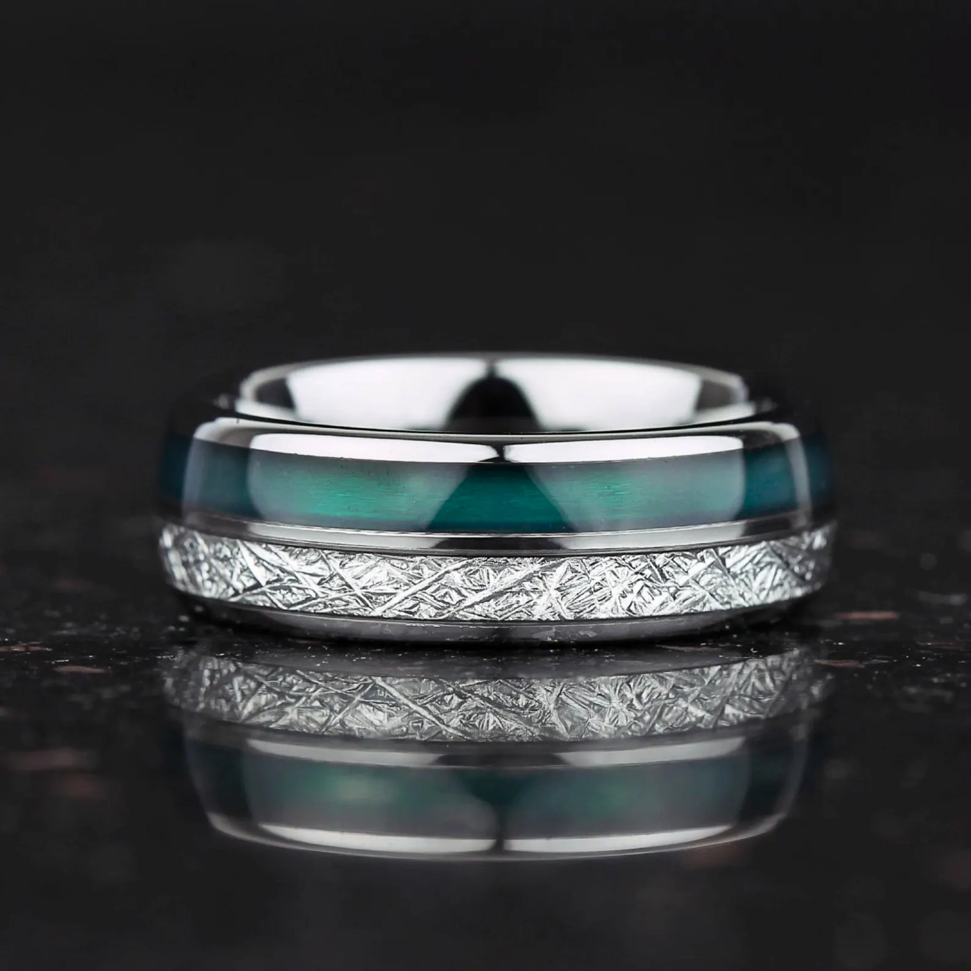Mens rings silver tungsten band with green agate detail and polished finish