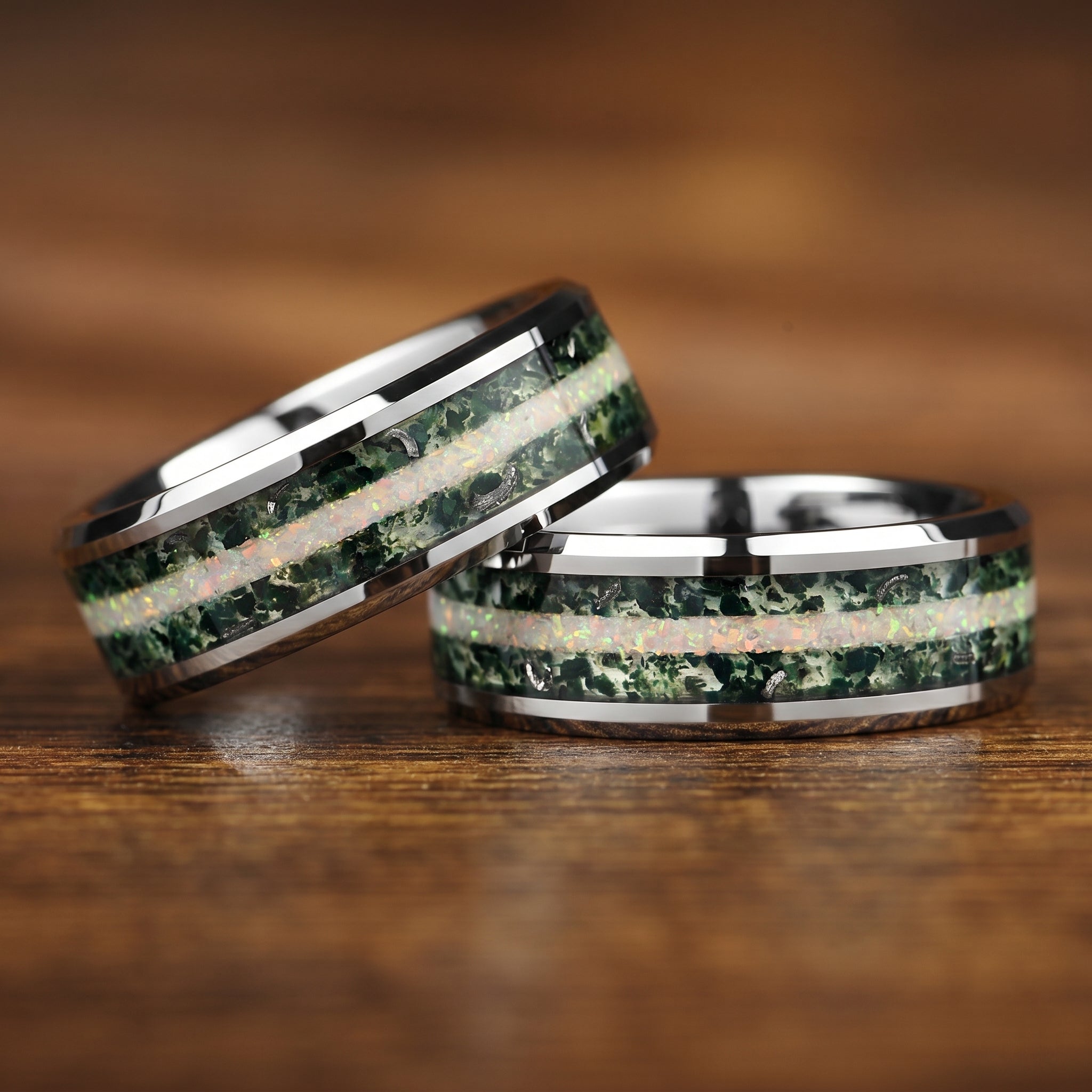Mens Silver Wedding Ring Moss Agate Close Detail View
