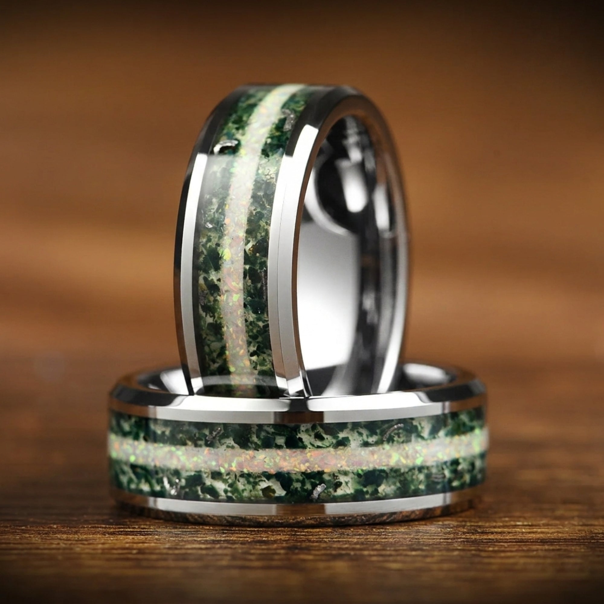 Mens Silver Wedding Ring Moss Agate Feature View