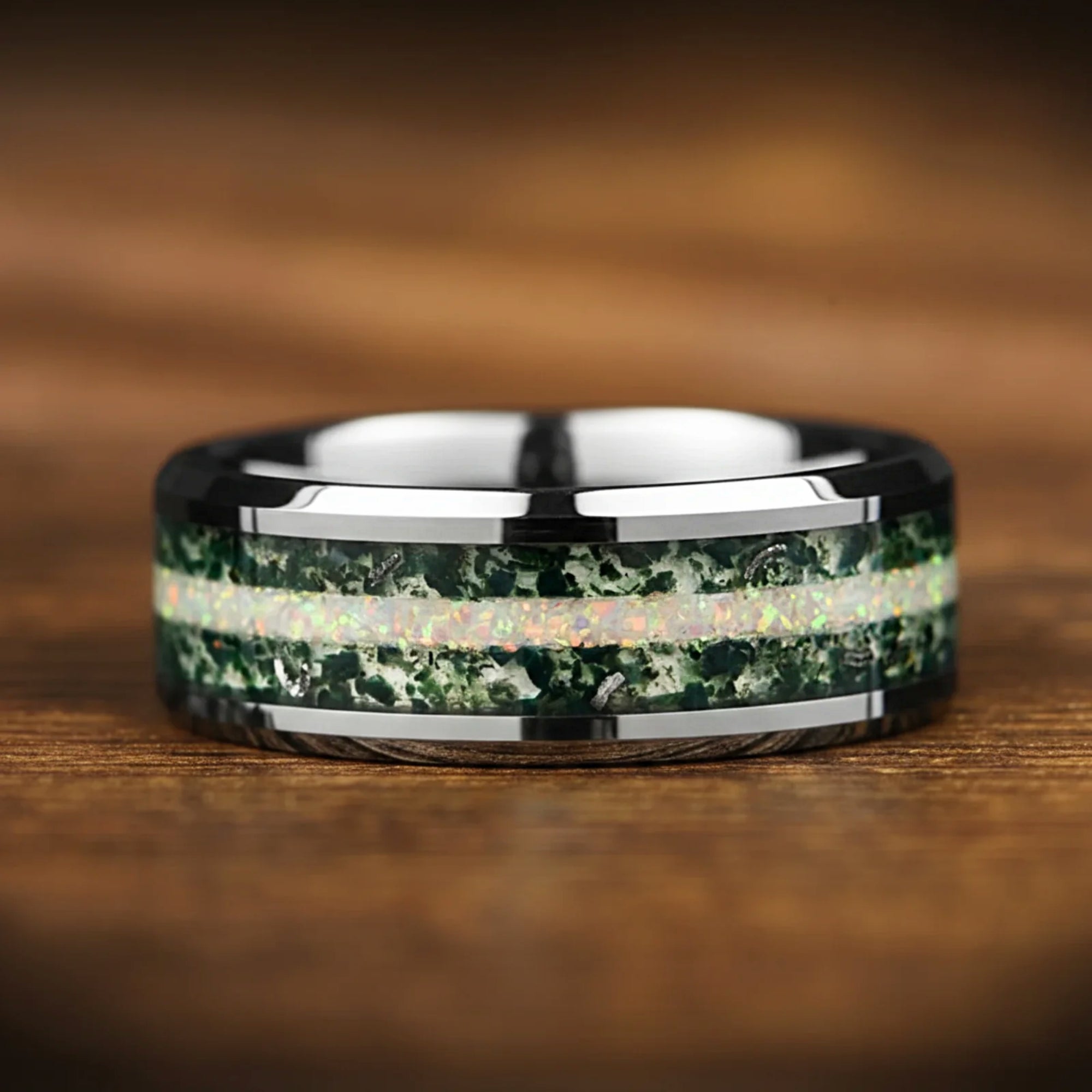 Mens Silver Wedding Ring Moss Agate Flat View