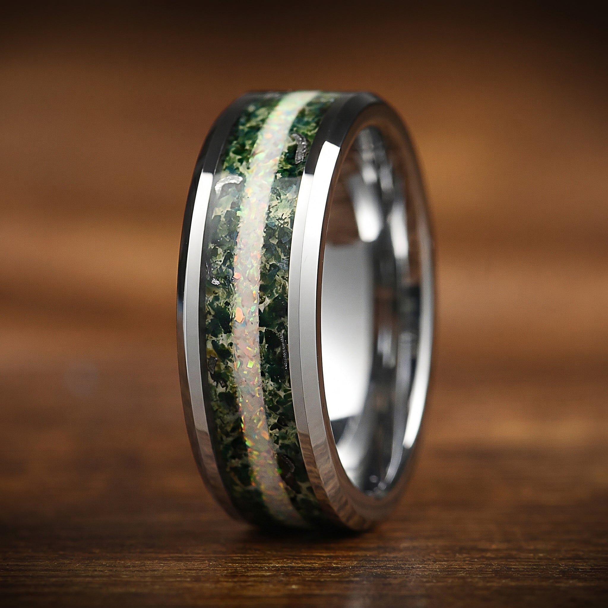 Mens Silver Wedding Ring Moss Agate Texture Left View