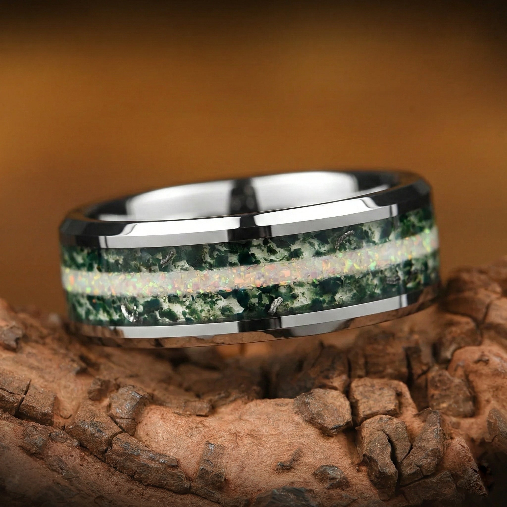 Mens Silver Wedding Ring Moss Agate Main View