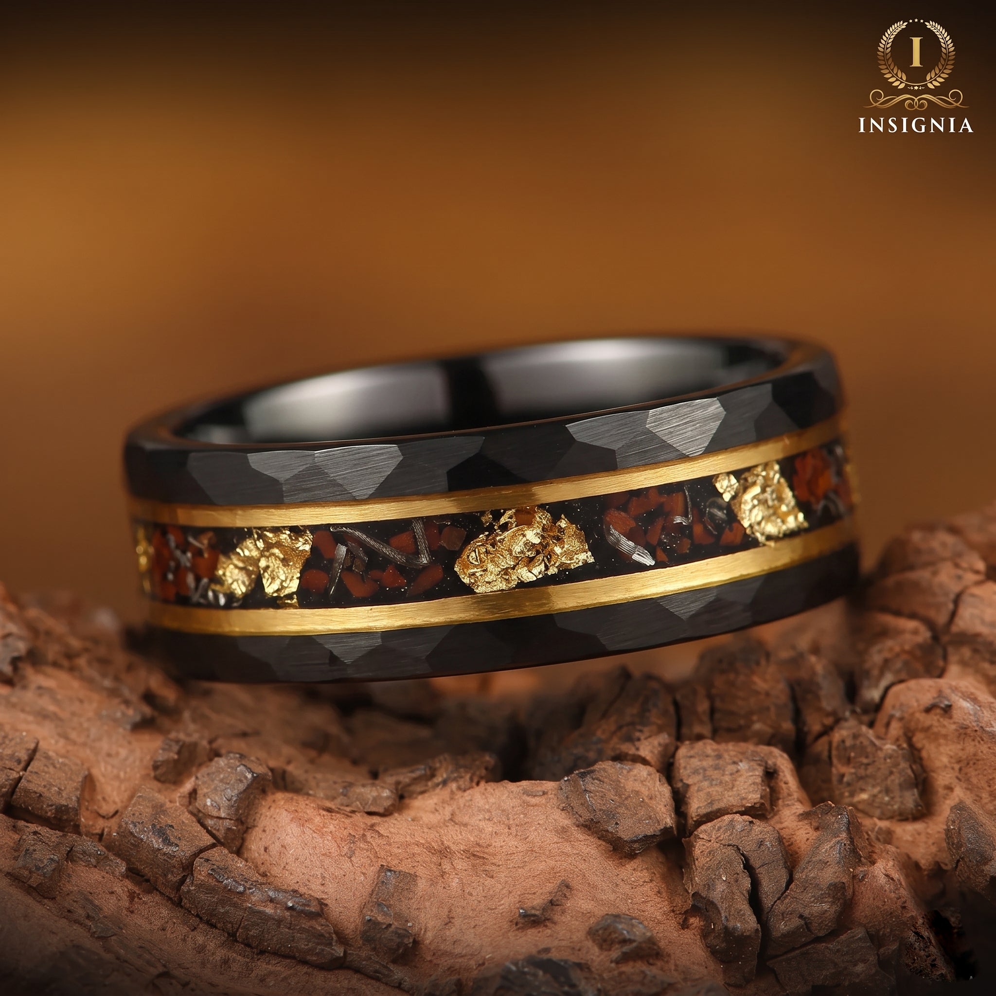 Mens Wedding Band Ring With Black Hammered Finish And Meteorite Inlay
