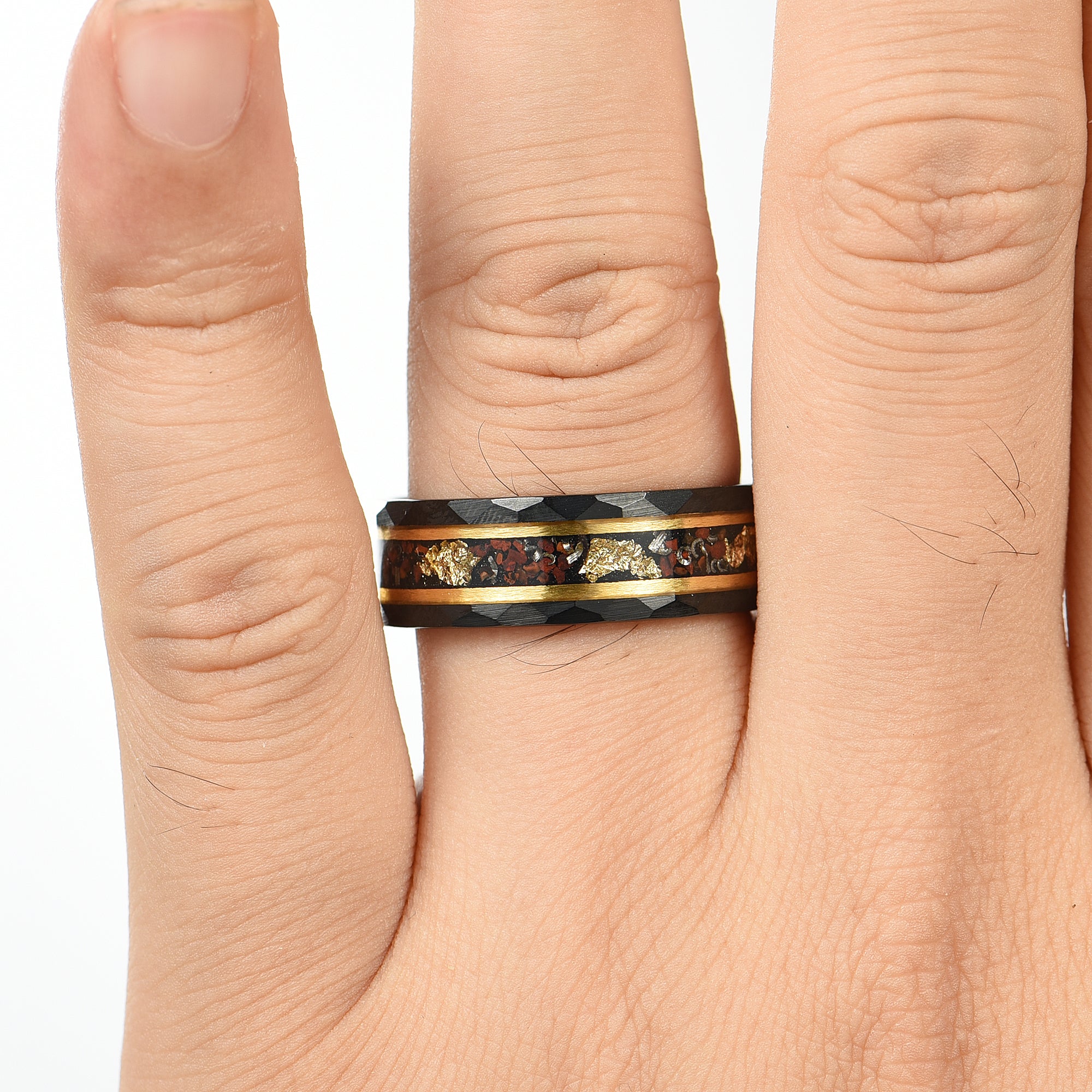 Mens Wedding Band Ring With Dinosaur Bone And Meteorite Inlay On A Male Hand