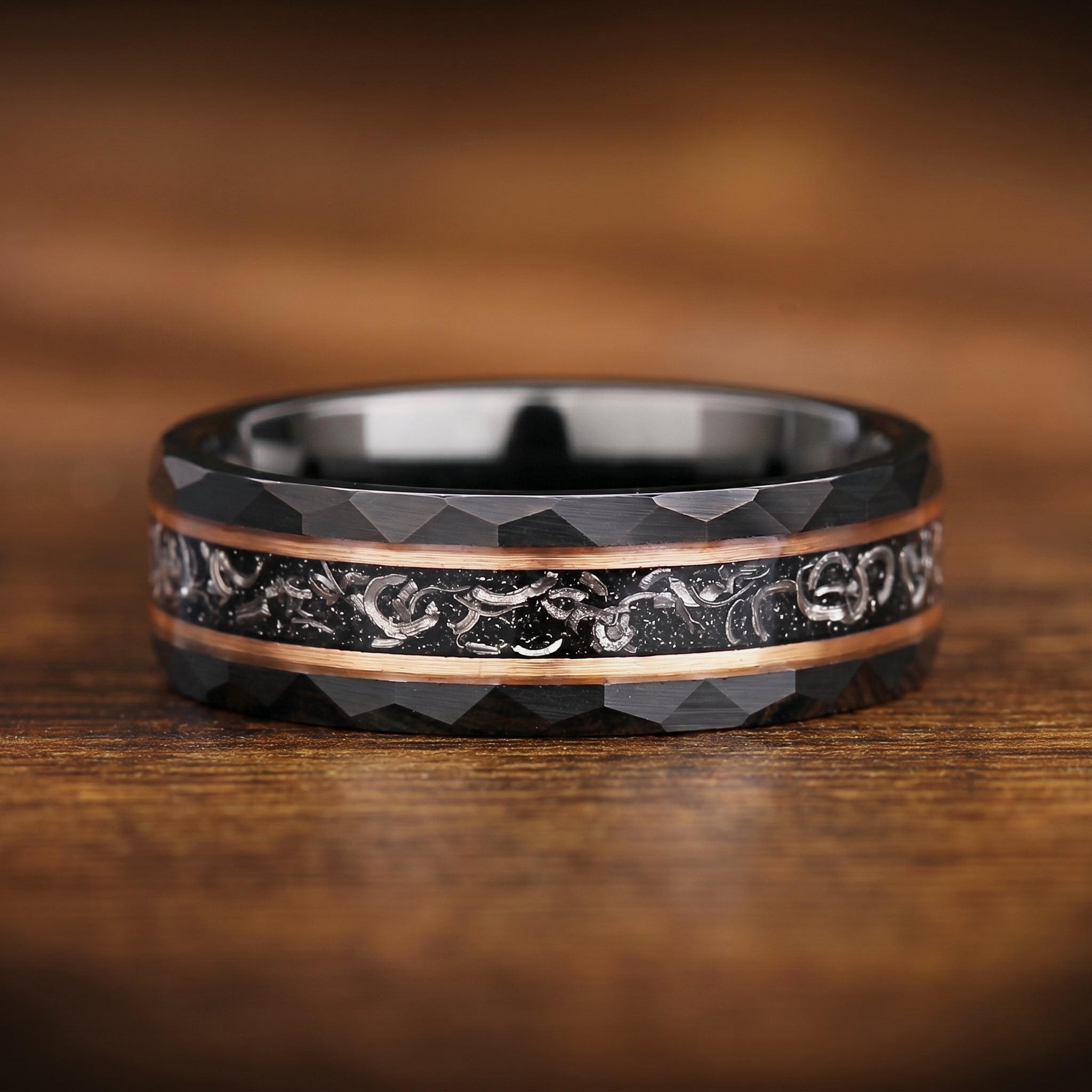 Men's wedding bands black tungsten ring with hammered finish