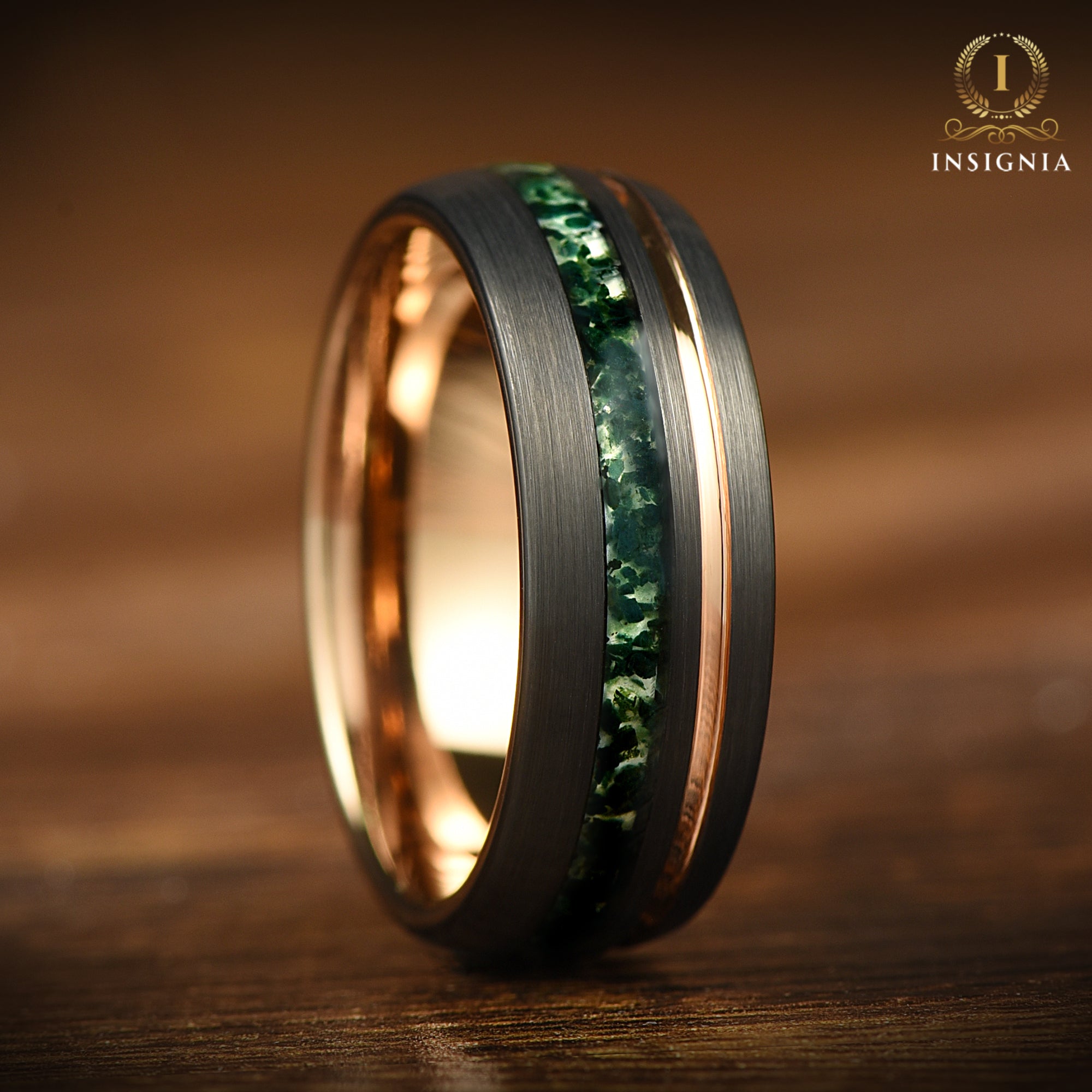Men's Wedding Bands Moss Agate Profile View