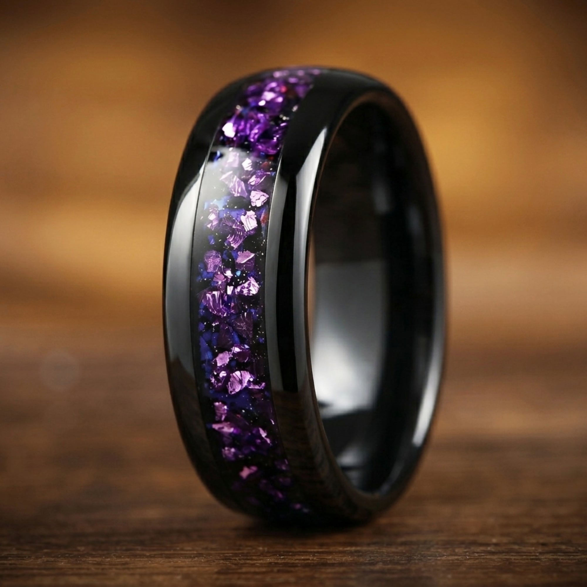 Mens Wedding Ring Black Tungsten Galaxy Close Up View