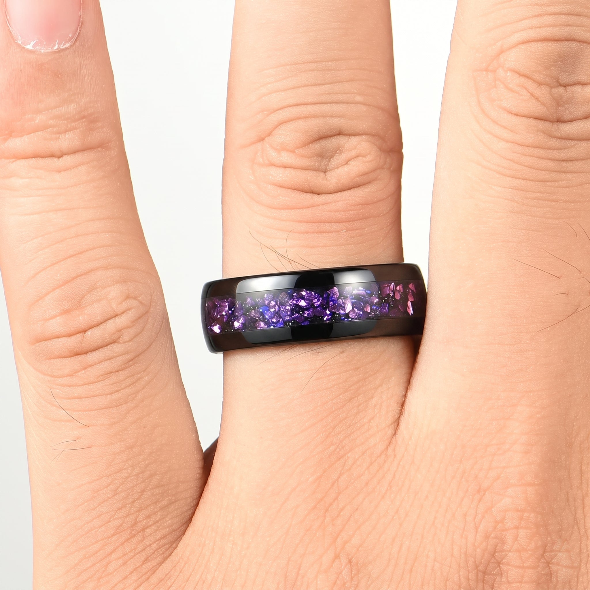 Mens Wedding Ring Black Tungsten Galaxy Worn on Hand