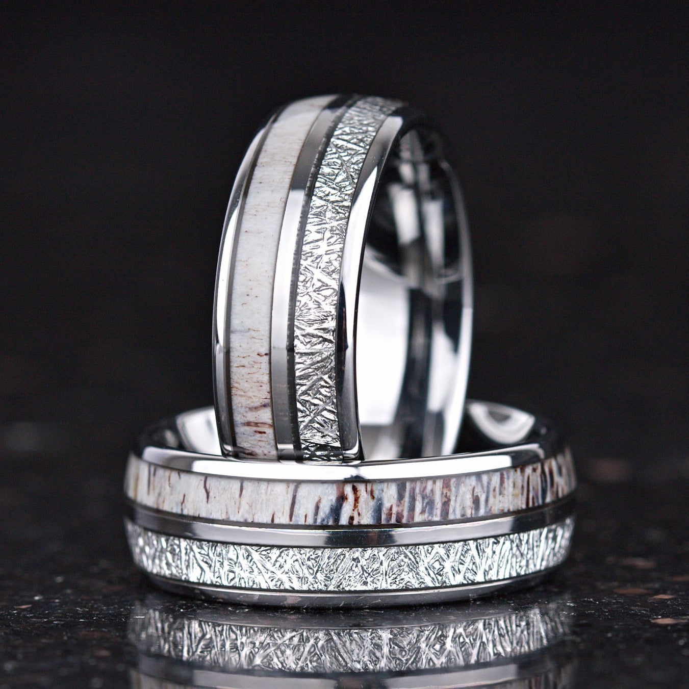 Mens wedding rings silver band with deer antler and meteorite inlay main view
