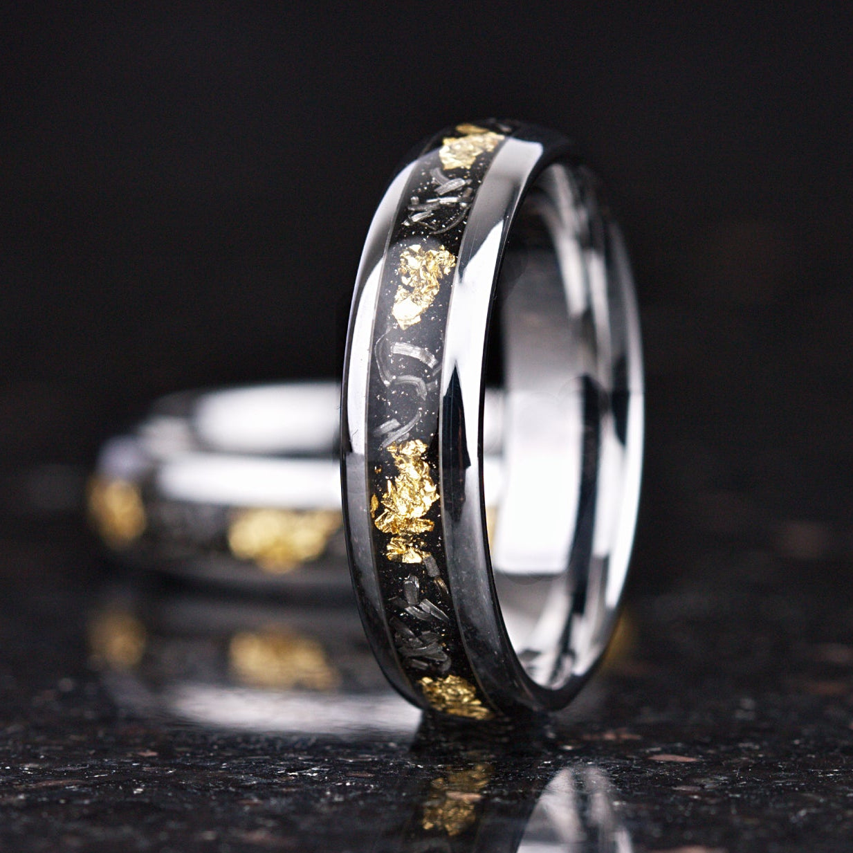 Mens wedding rings silver tungsten band with meteorite design close view